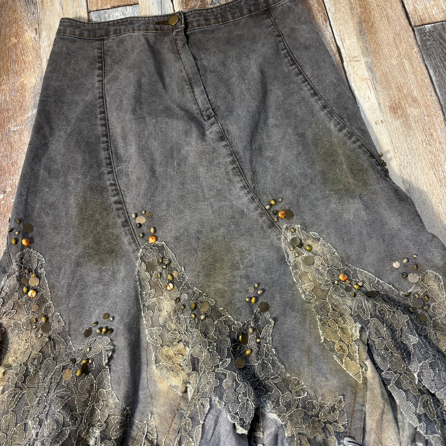 denim midi skirt fairy hem light wash lace size S