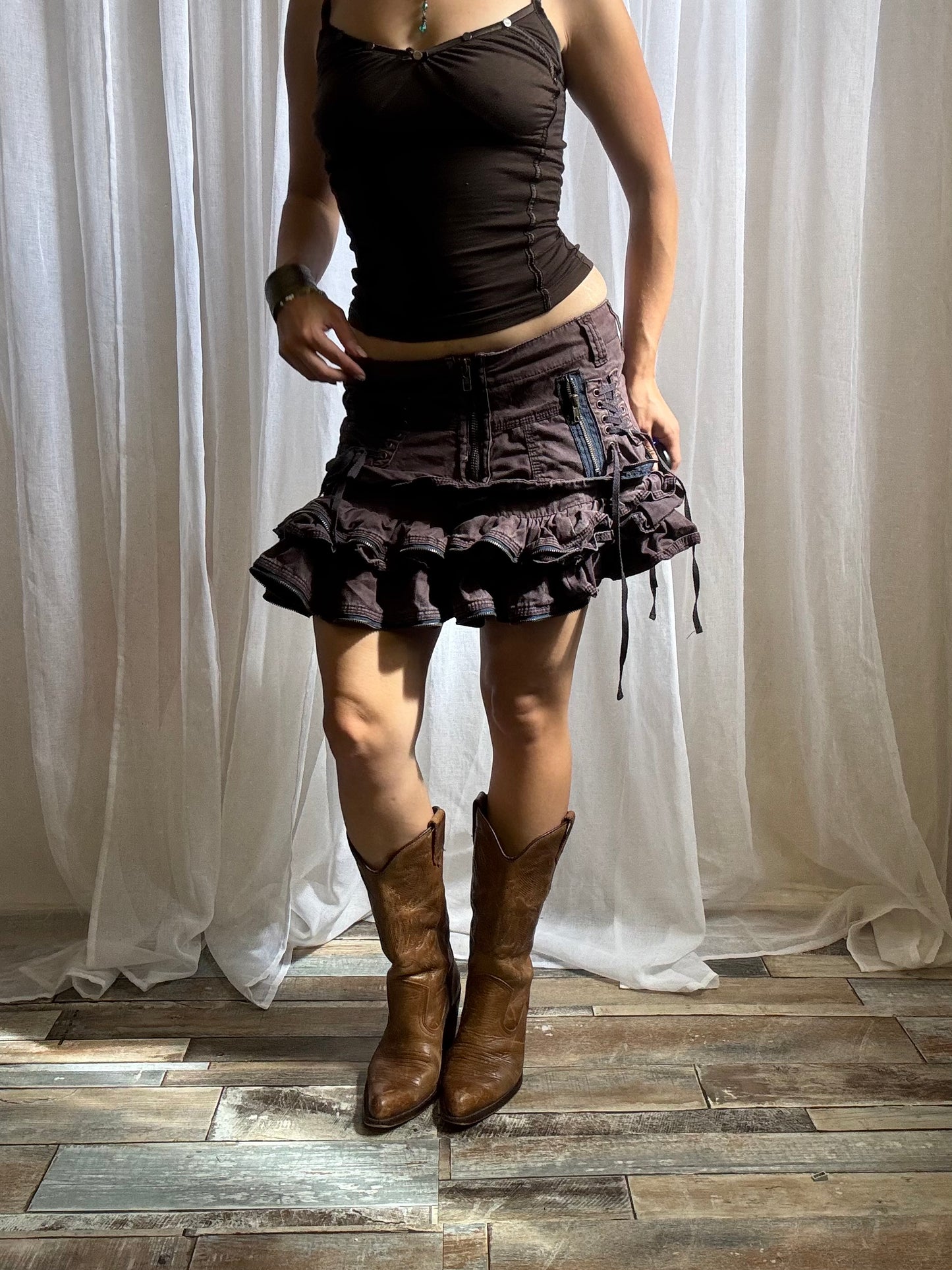 rare river island mini skirt brown ruffle hem corset lace up size 10