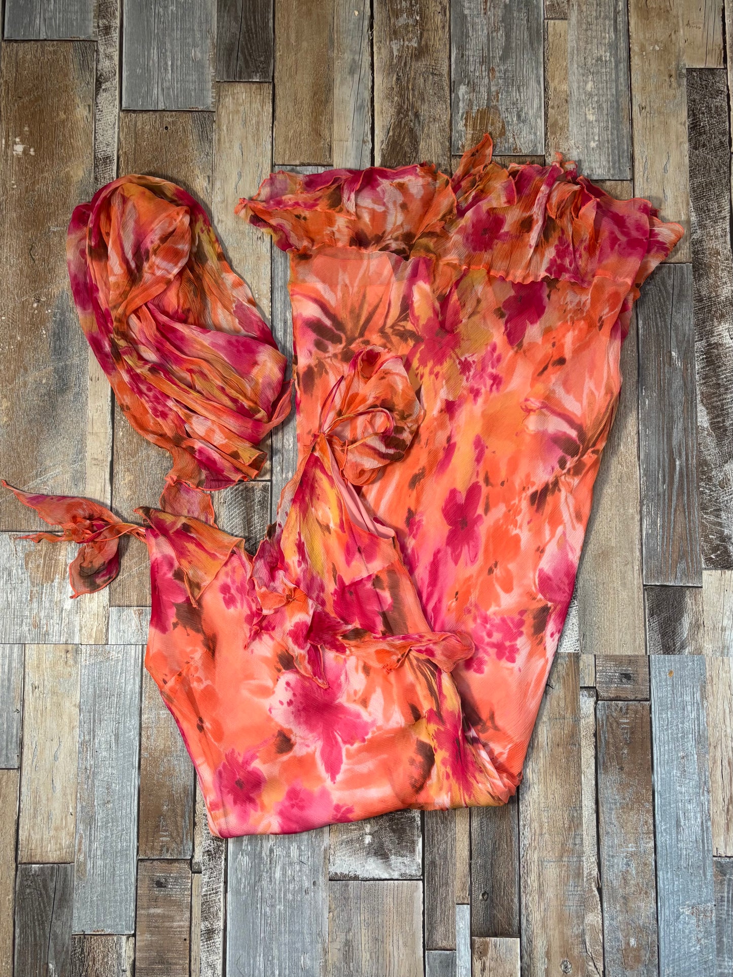 silk midi dress floral orange pink with scarf off shoulder size 12