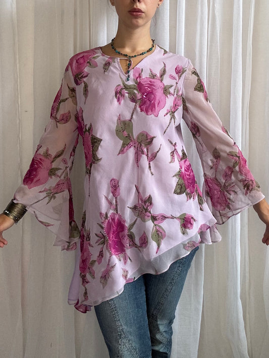 floaty long sleeve beaded top pink asymmetric hem size 12