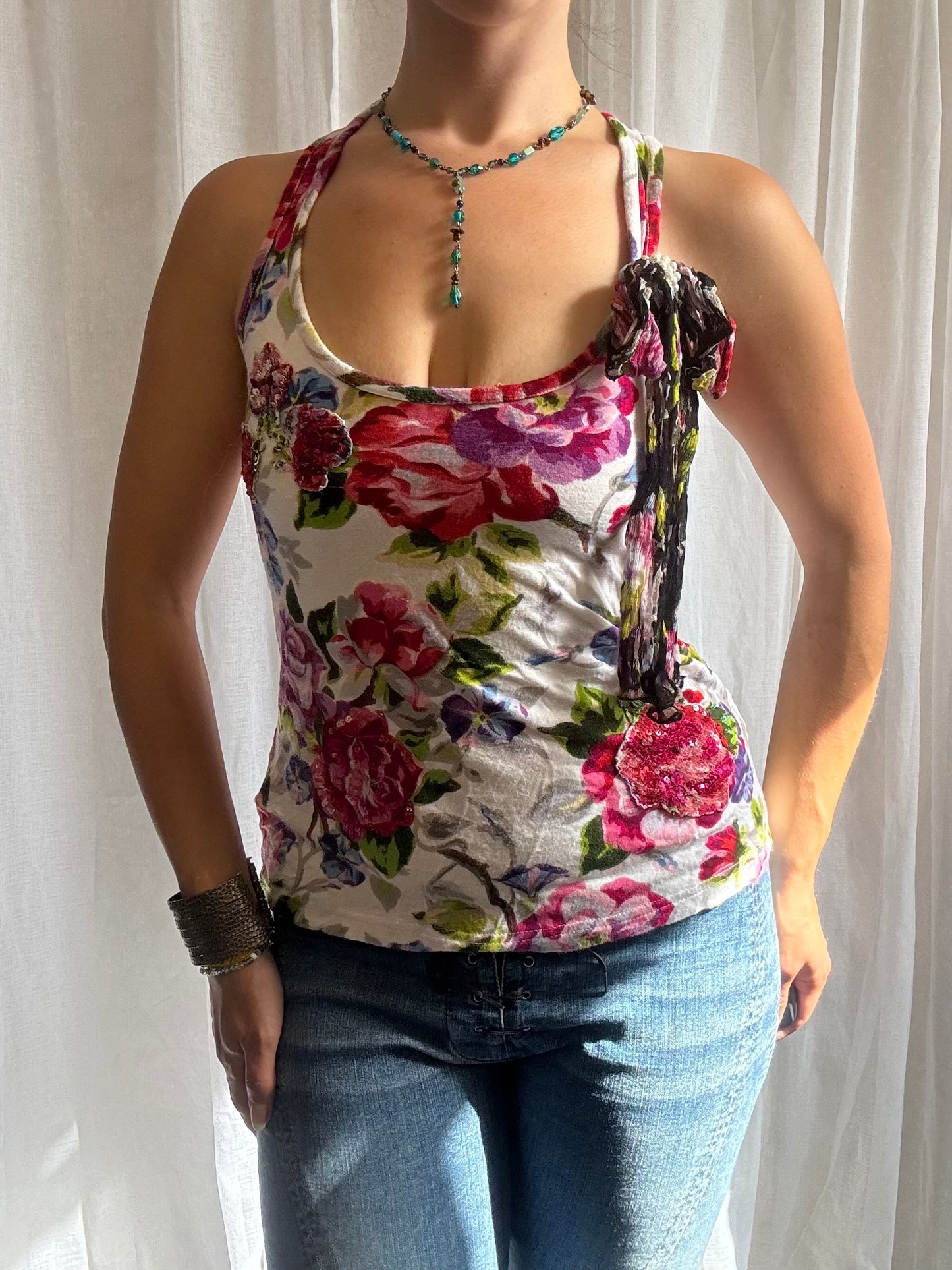 Derhy cami top white pink floral sequin detailing size S