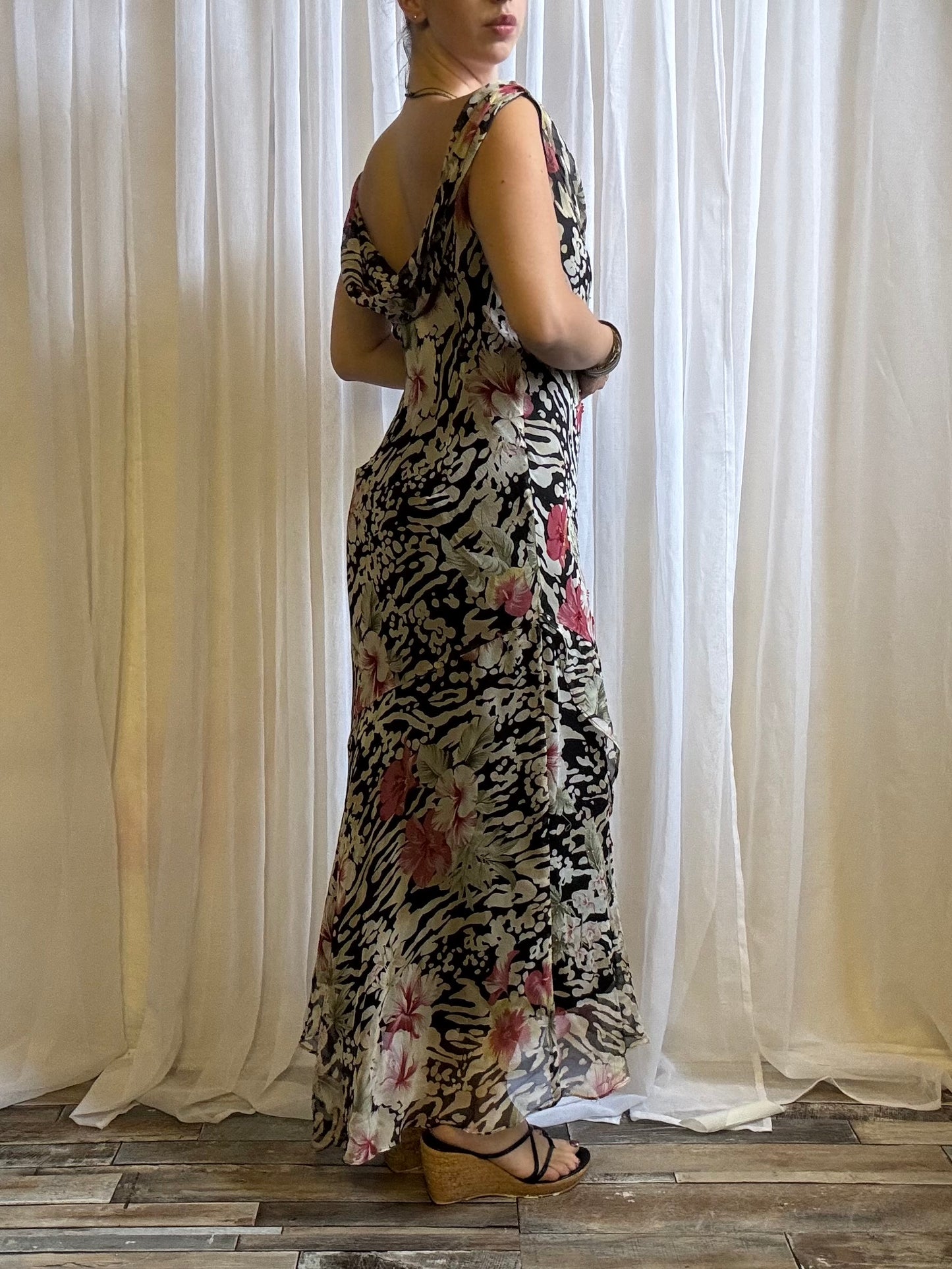 Ice silk cowl neck dress midi black floral