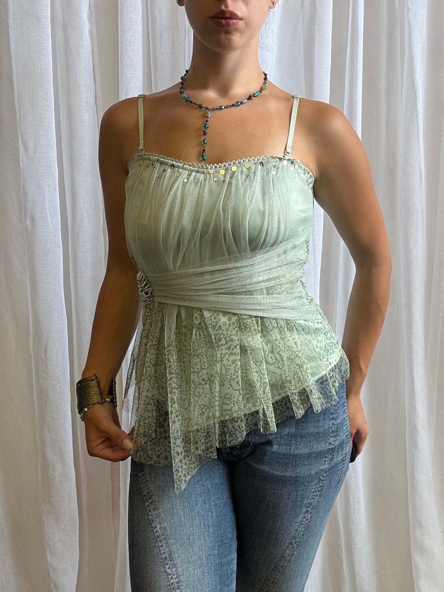 corset cami top green mesh overlay Vila size M