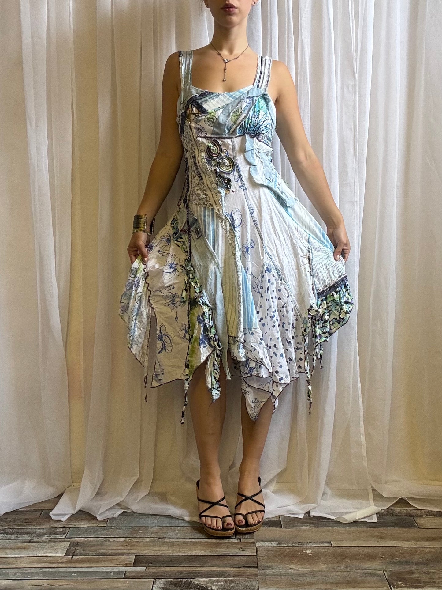 Juju & Christine midi dress asymmetric fairy hem white blue size M