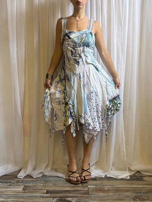 Juju & Christine midi dress asymmetric fairy hem white blue size M