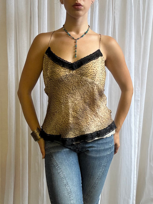 silk cami top animal print cream size L