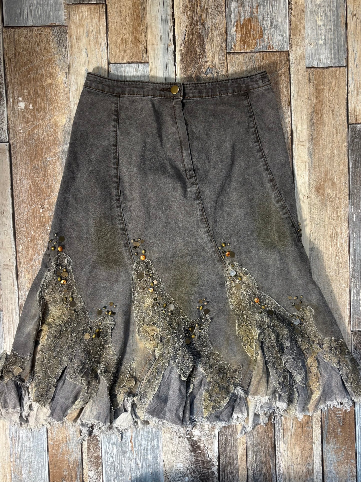 denim midi skirt fairy hem light wash lace size S
