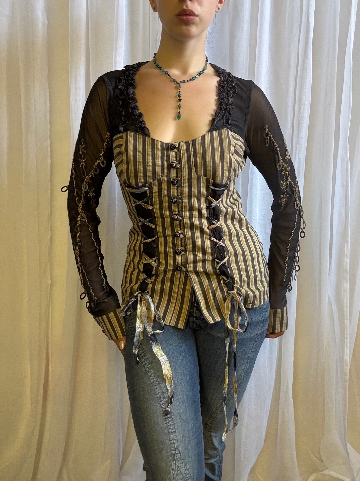 Save the Queen long sleeve shirt corset cream black size XL