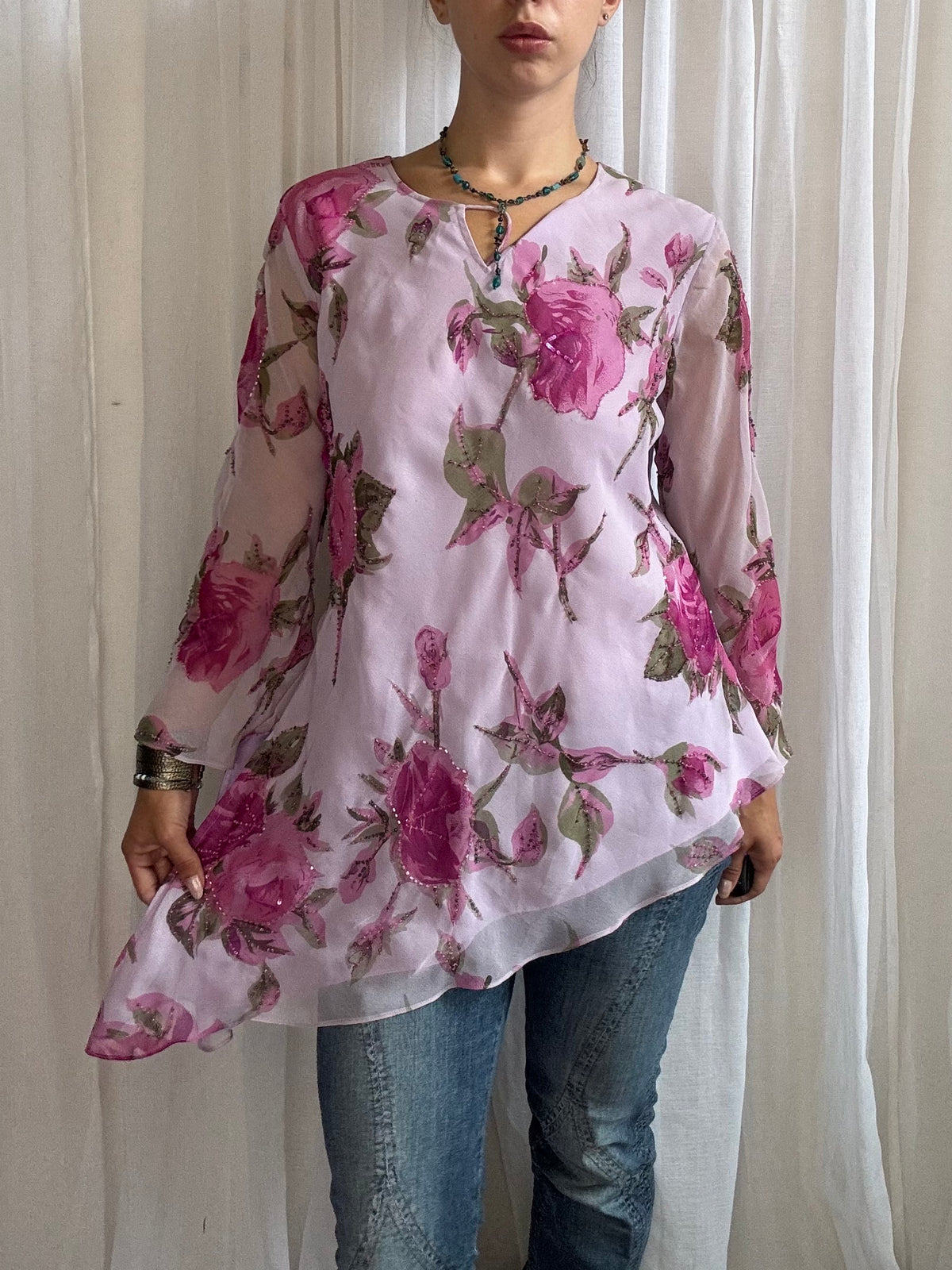 floaty long sleeve beaded top pink asymmetric hem size 12