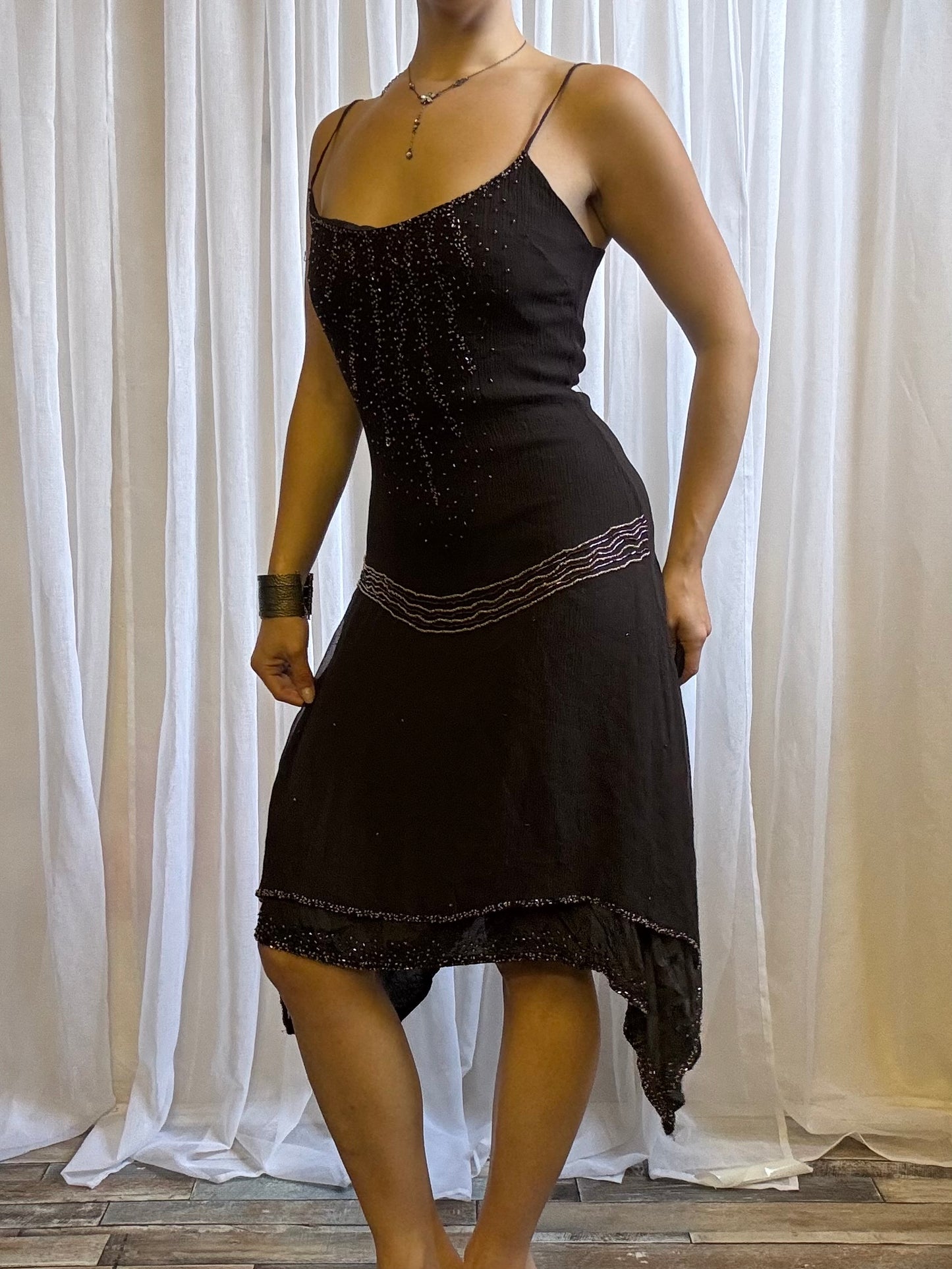 Morgan de Toi silk midi dress brown beaded size 10