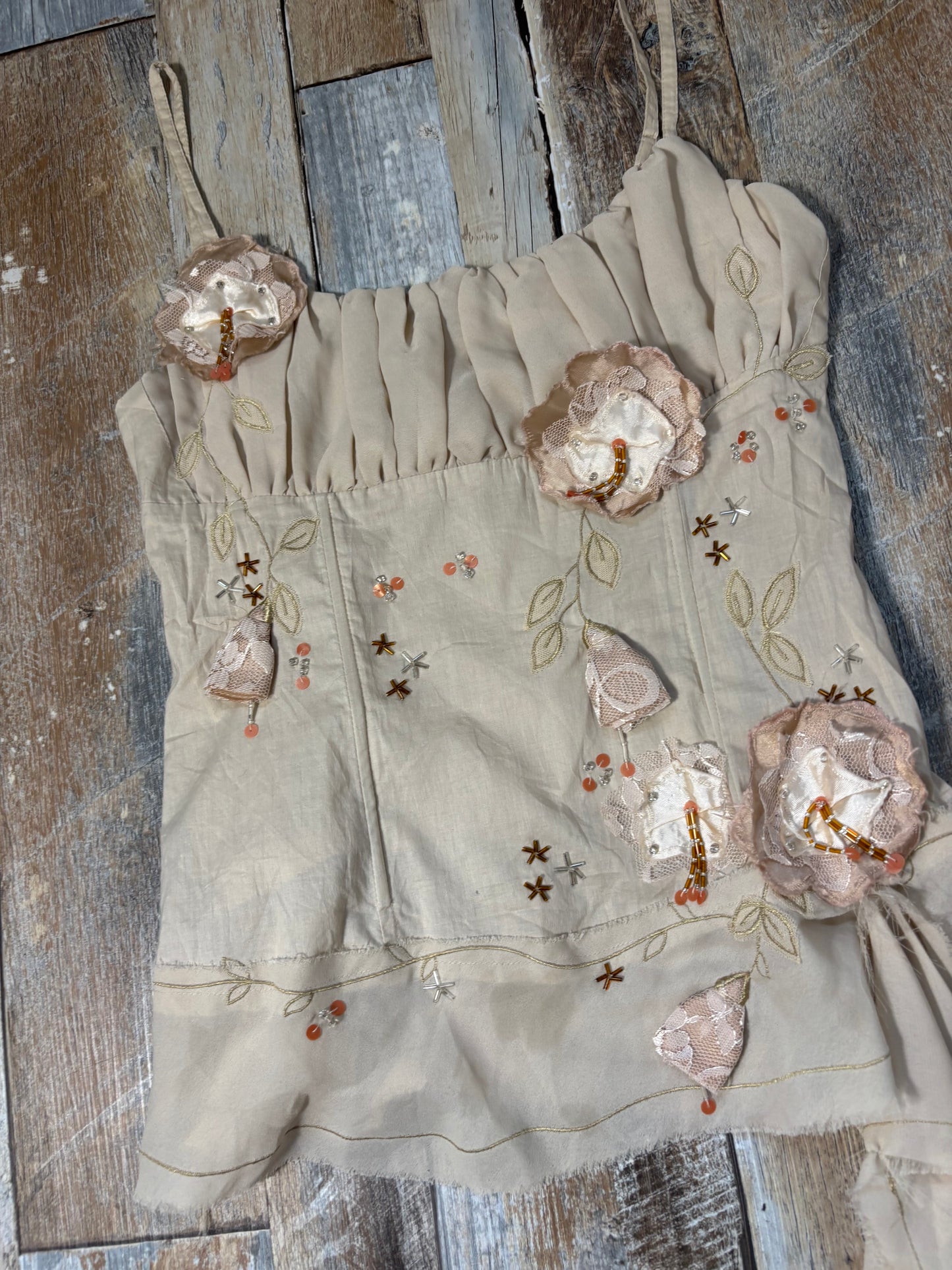 cream corset cami top floral appliqué ruched bust size 10 - 12