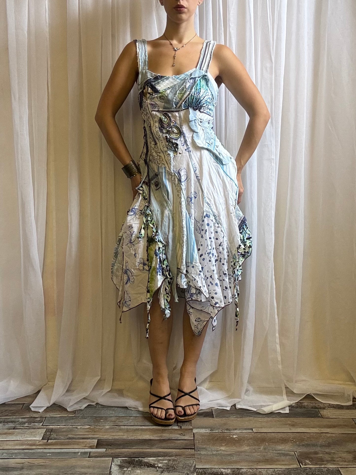 Juju & Christine midi dress asymmetric fairy hem white blue size M
