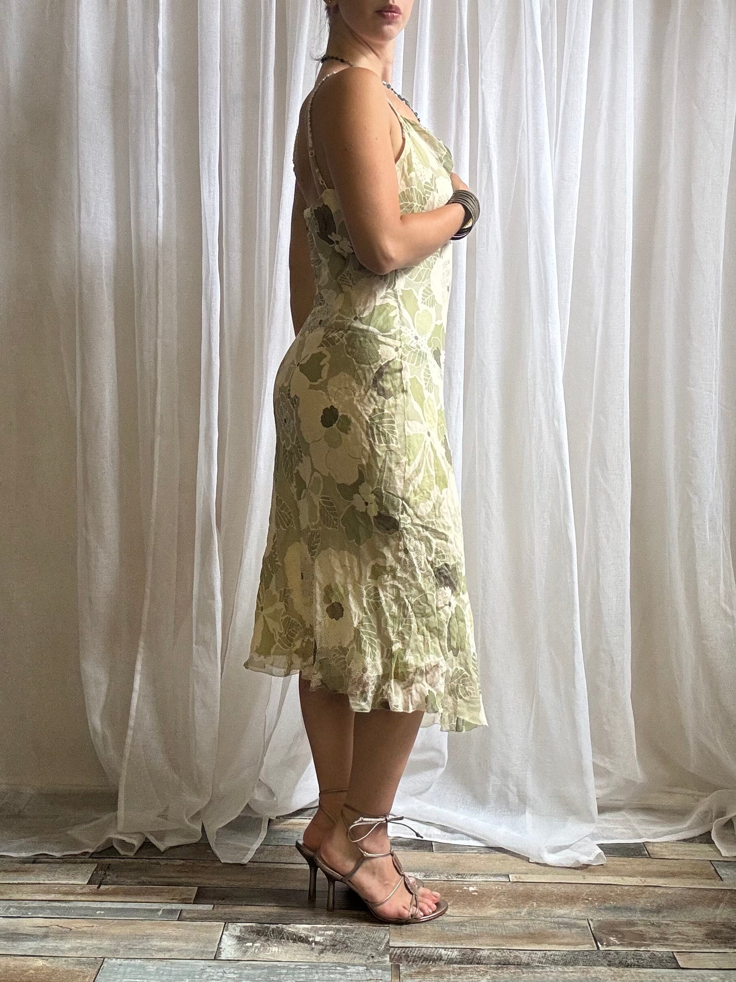 silk midi dress sage green cream floral cowl neckline beaded size 12