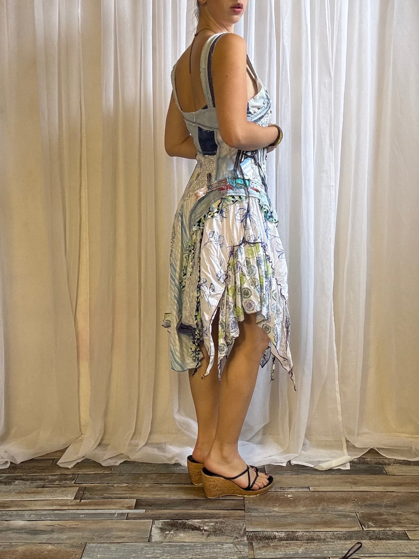 Juju & Christine midi dress asymmetric fairy hem white blue size M