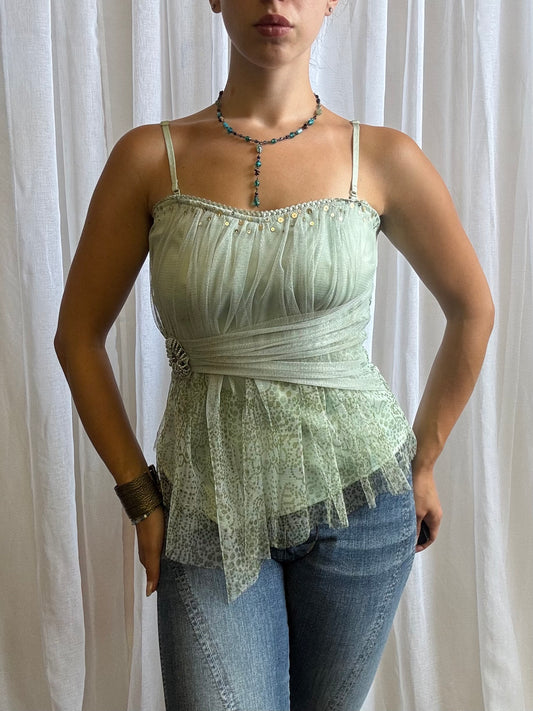corset cami top green mesh overlay Vila size M