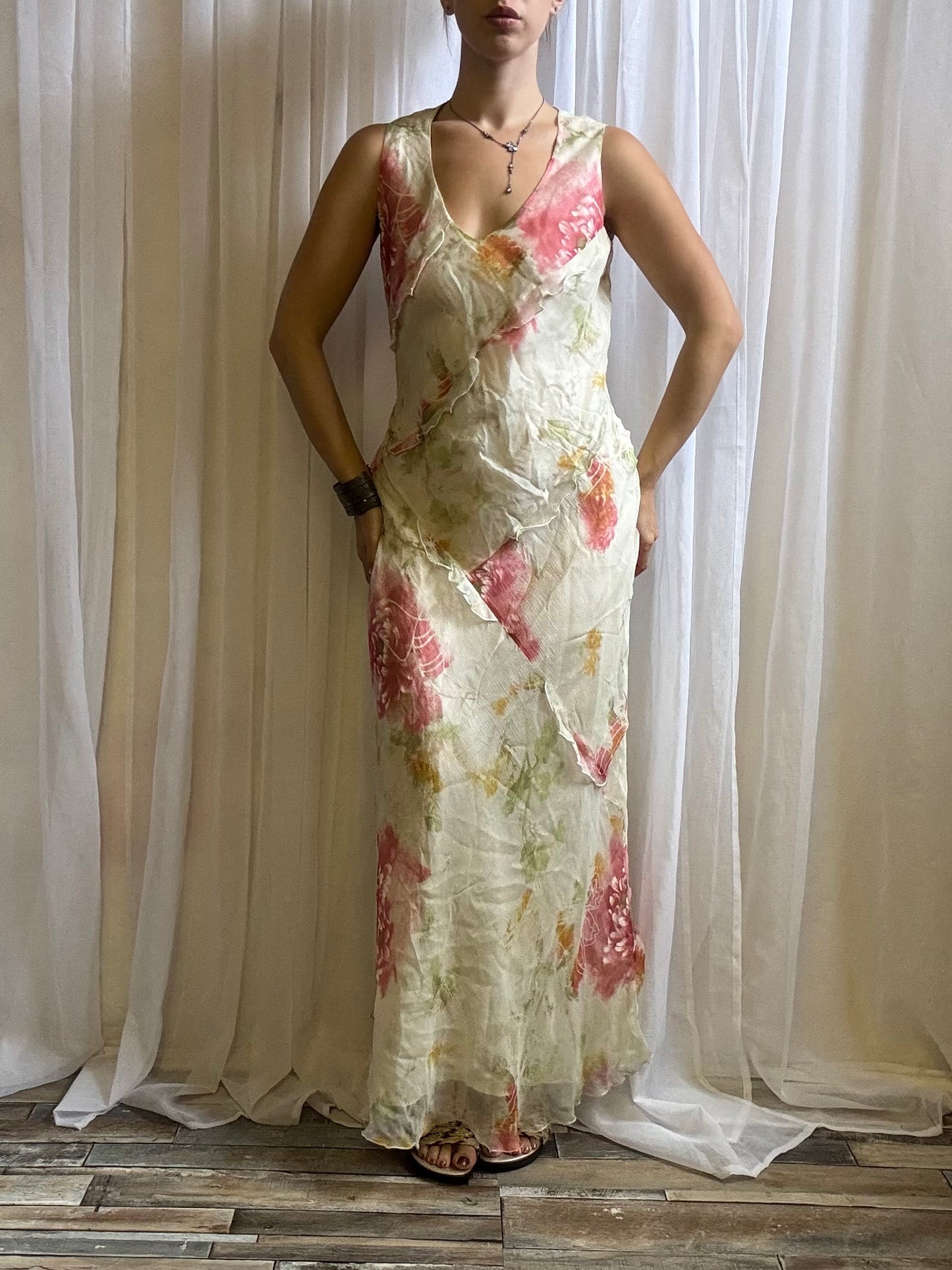 silk maxi dress cream pink floral size 12