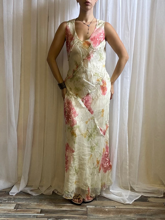 silk maxi dress cream pink floral size 12