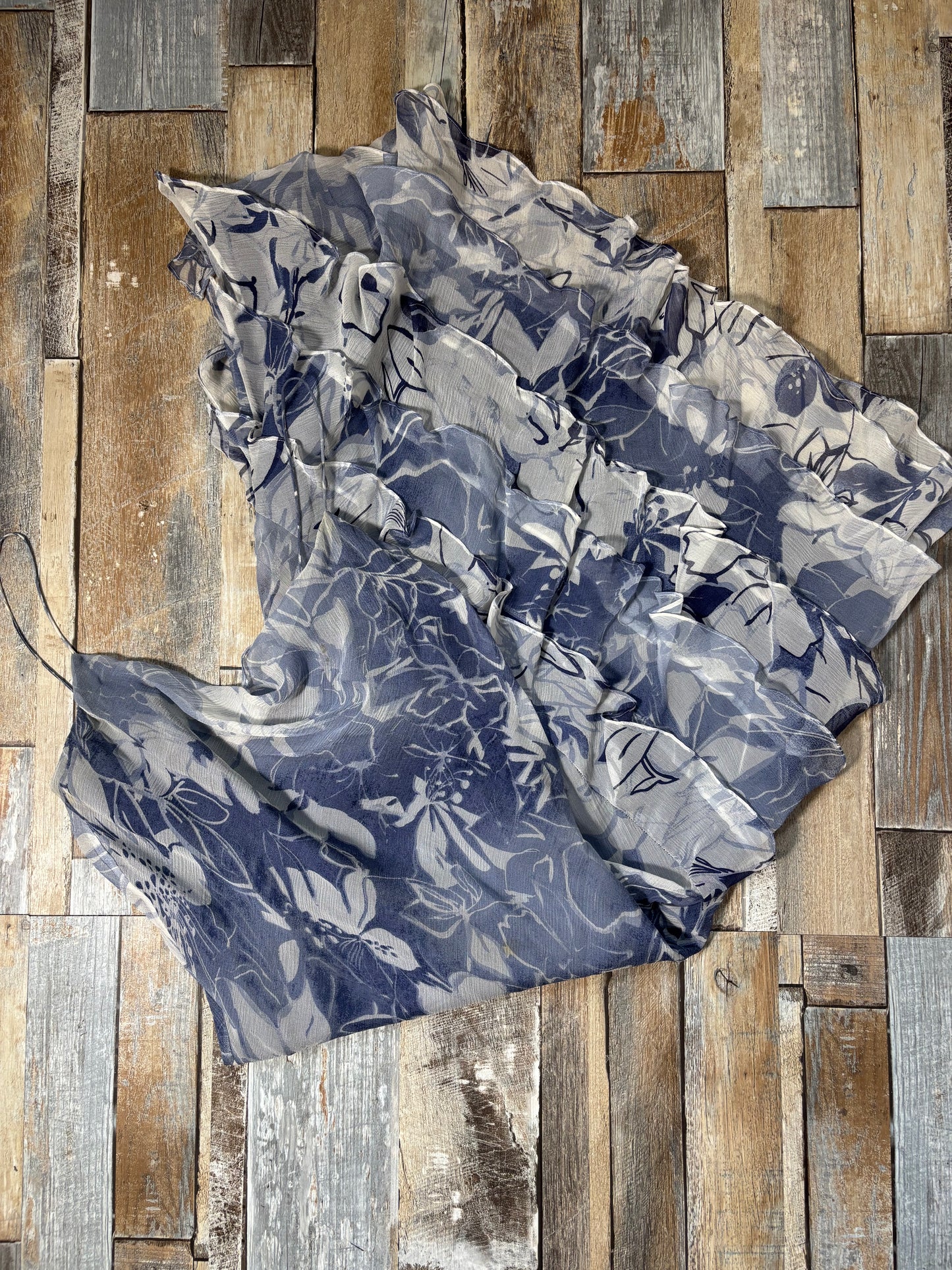 silk midi dress blue white floral cowl neckline asymmetric hem size 12