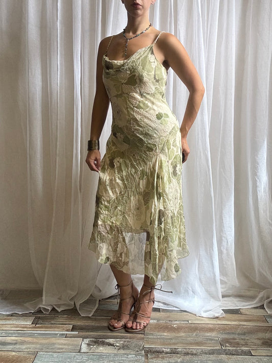 silk midi dress sage green cream floral cowl neckline beaded size 12