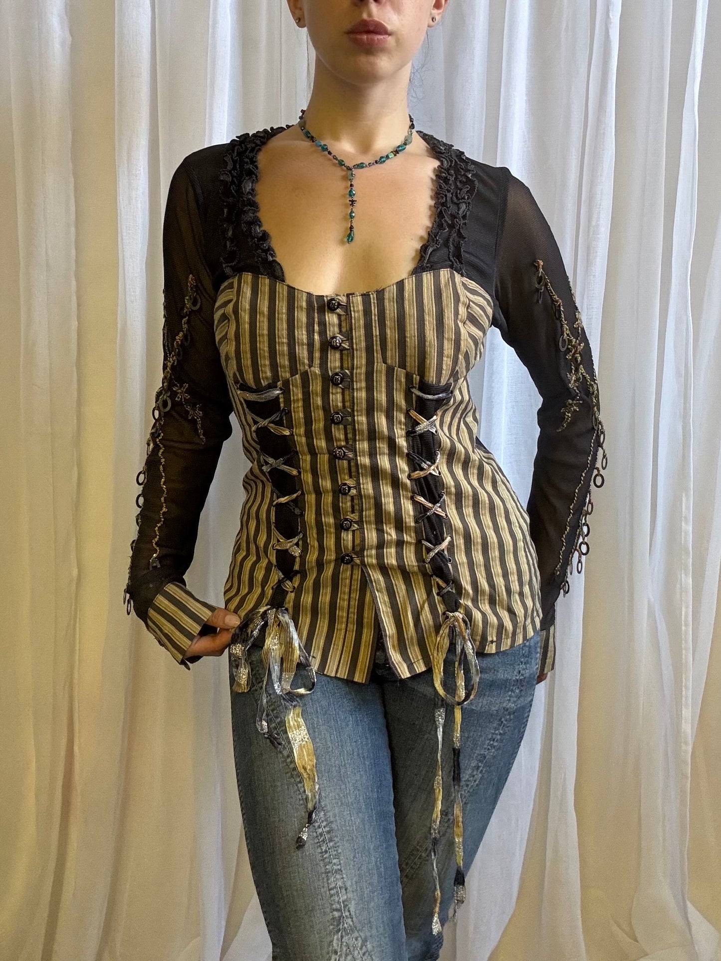 Save the Queen long sleeve shirt corset cream black size XL
