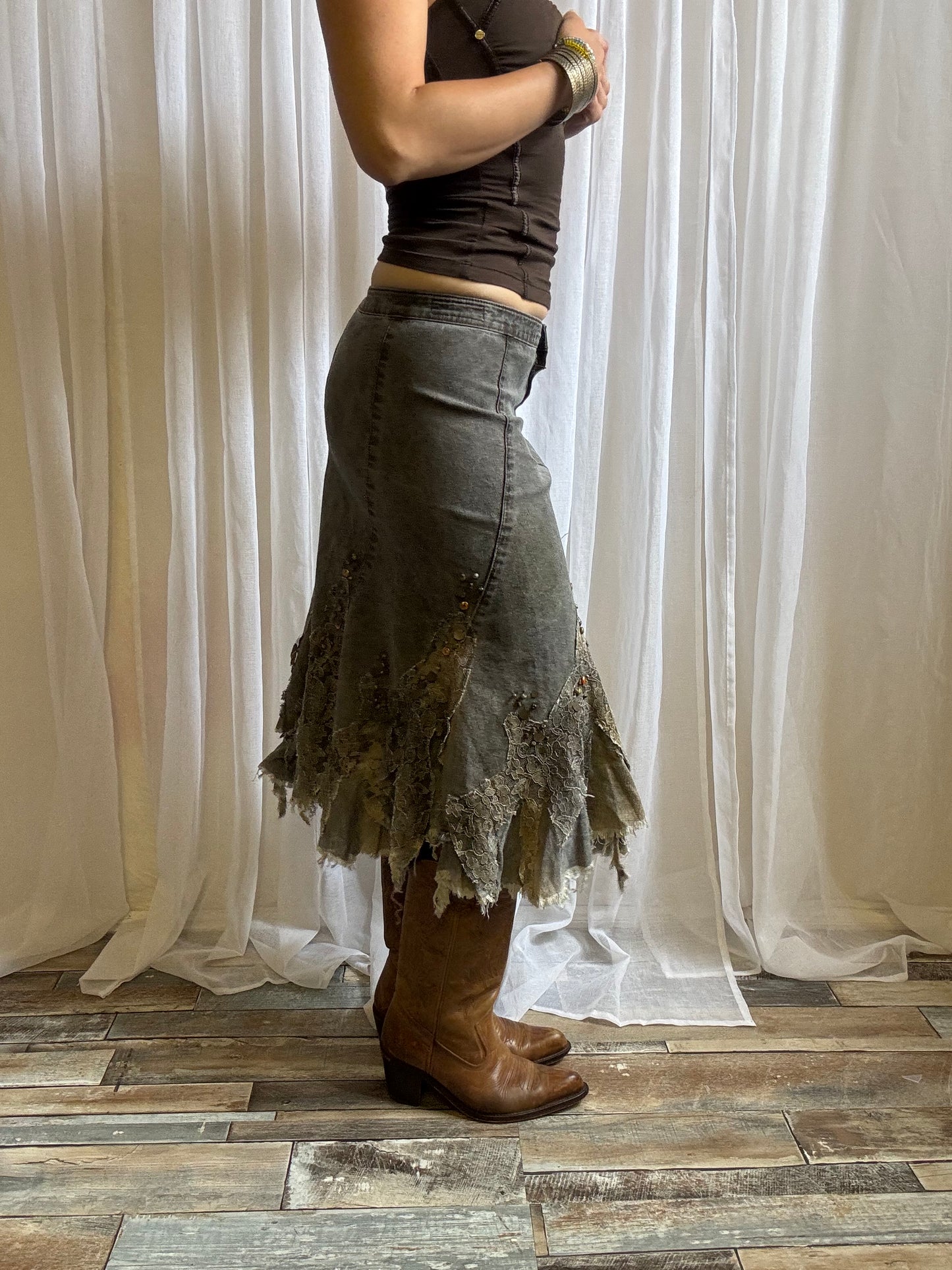 denim midi skirt fairy hem light wash lace size S