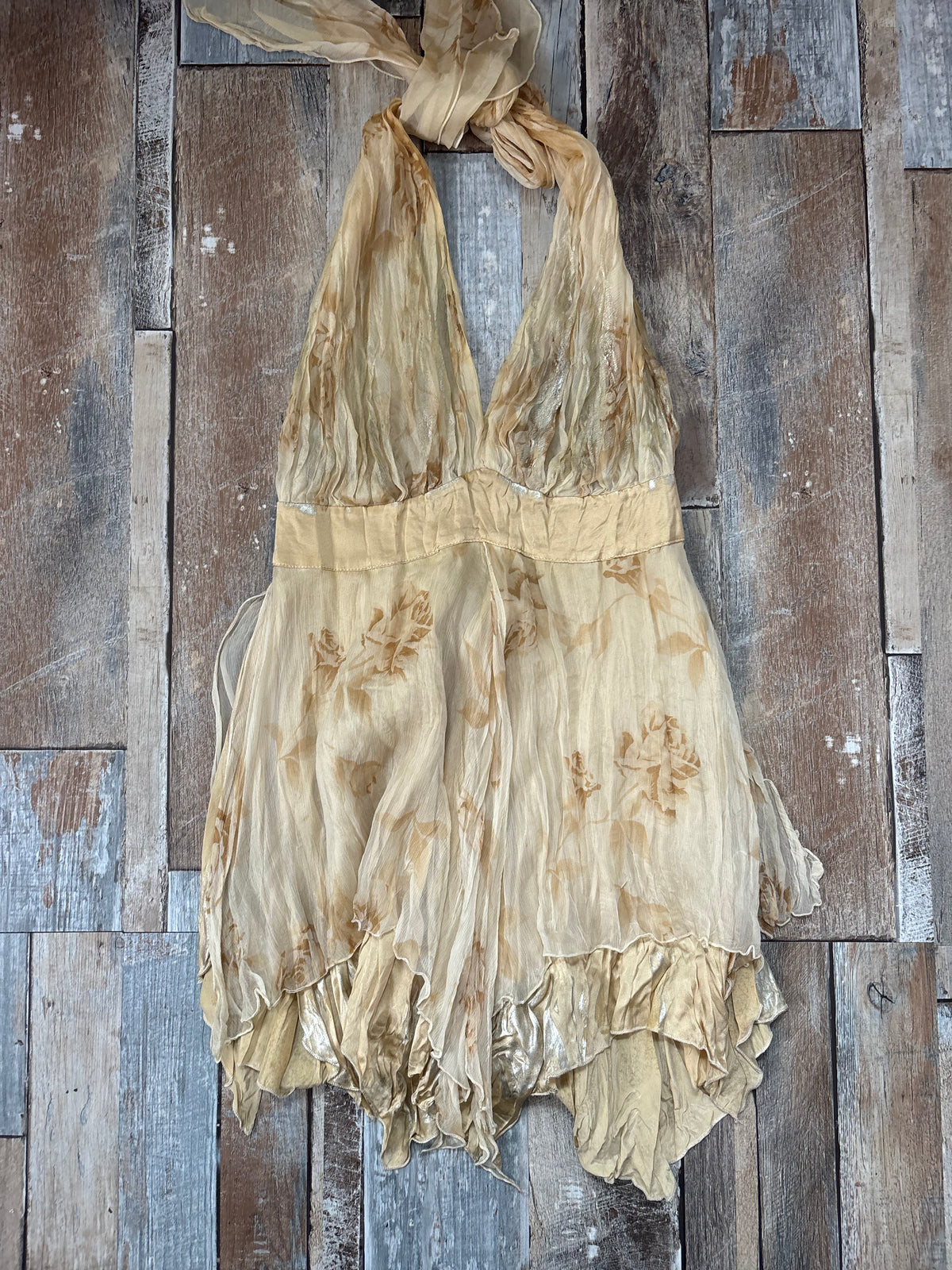 silk fairy cami asymmetric hem cream gold floral halter size 10