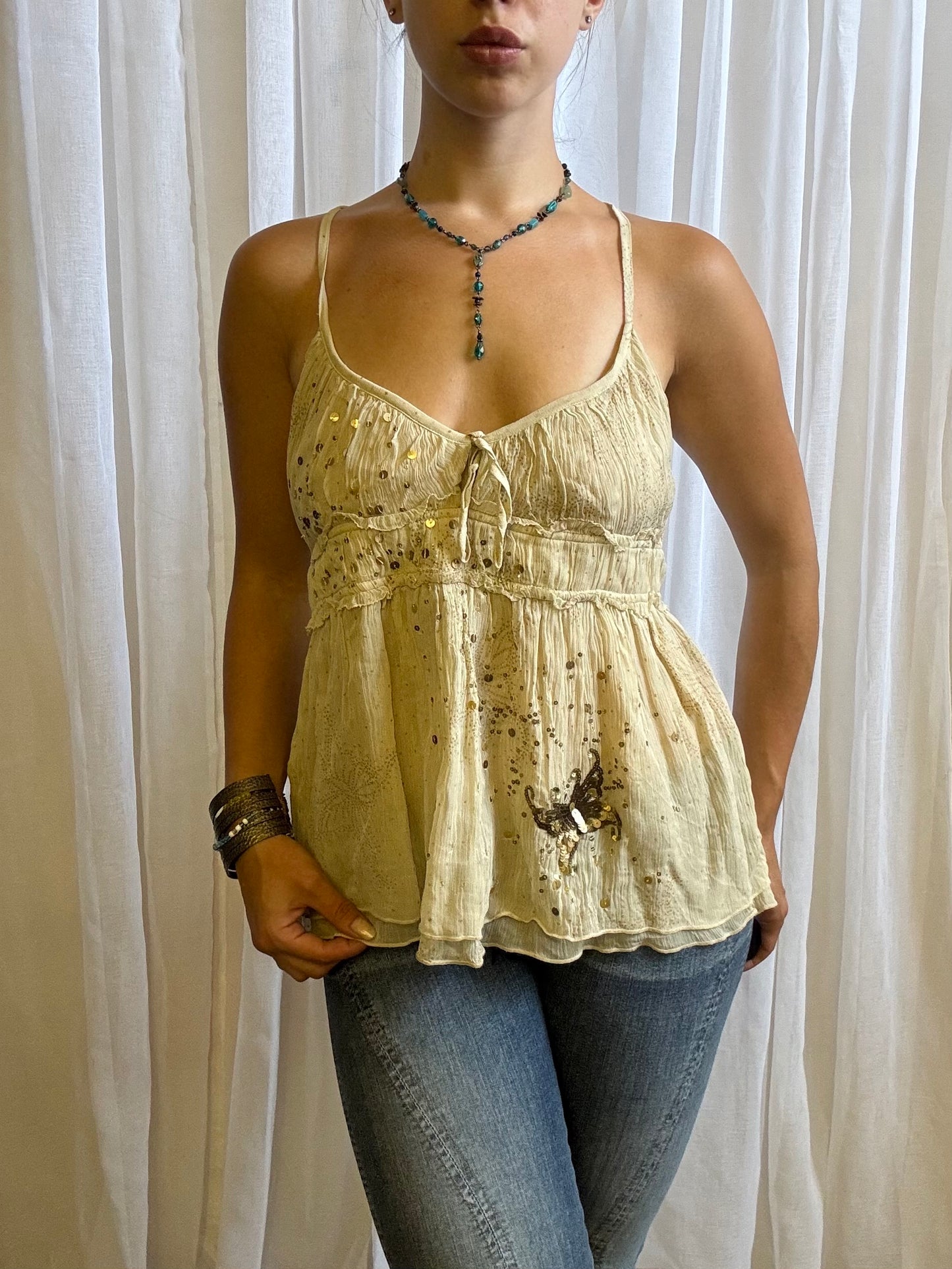 Karen Millen silk cami top cream butterfly beaded 10 - 12