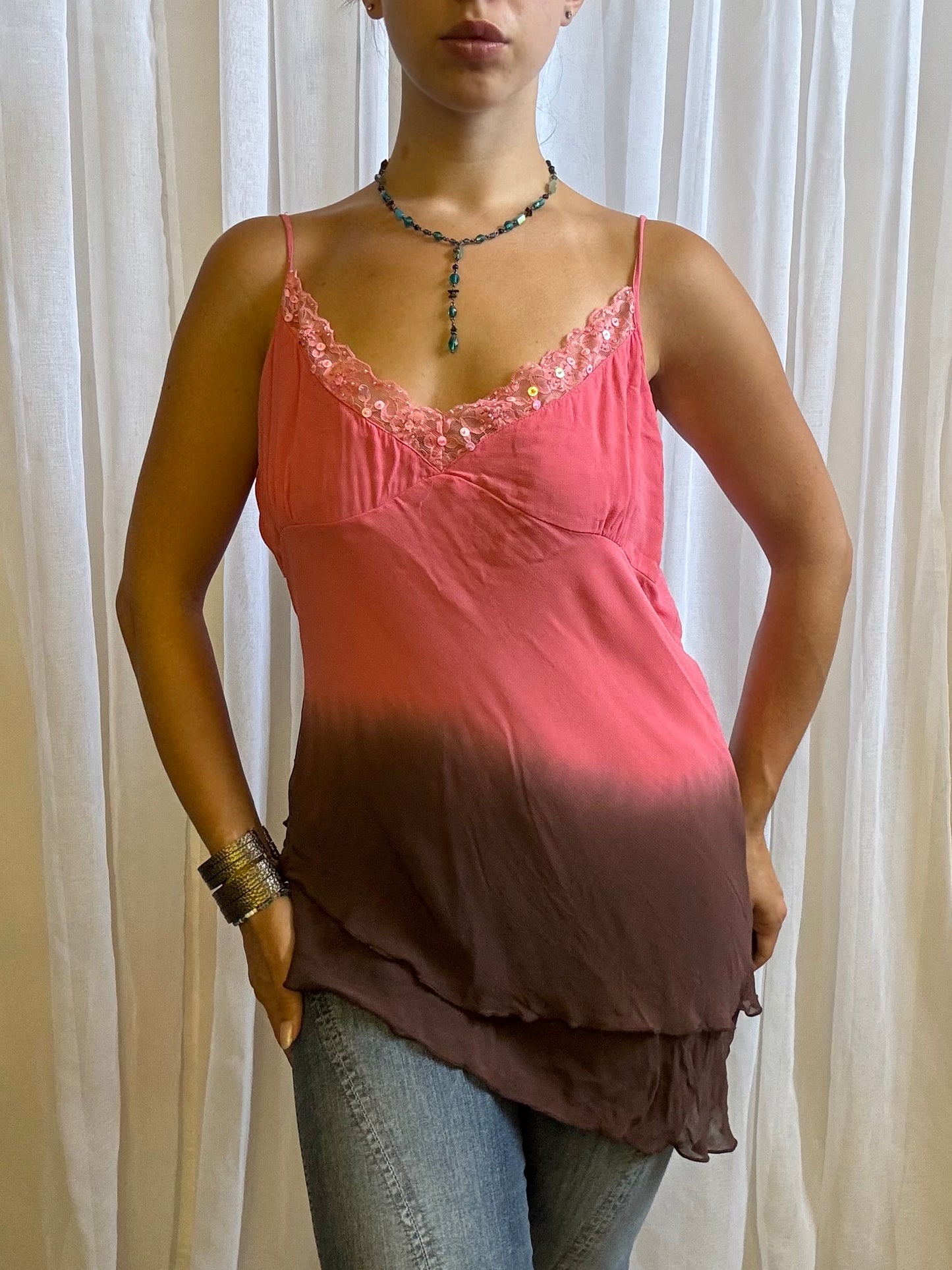 asymmetric hem cami pink brown layered sequin neckline size 14