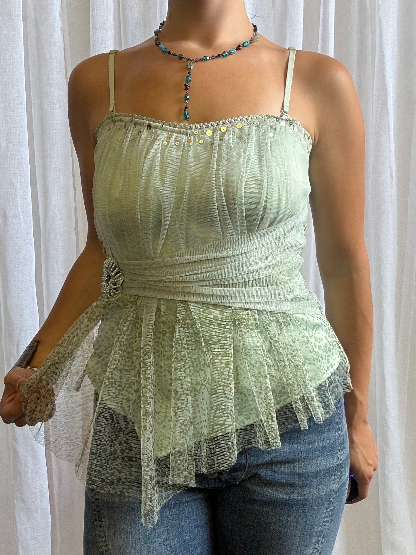 corset cami top green mesh overlay Vila size M