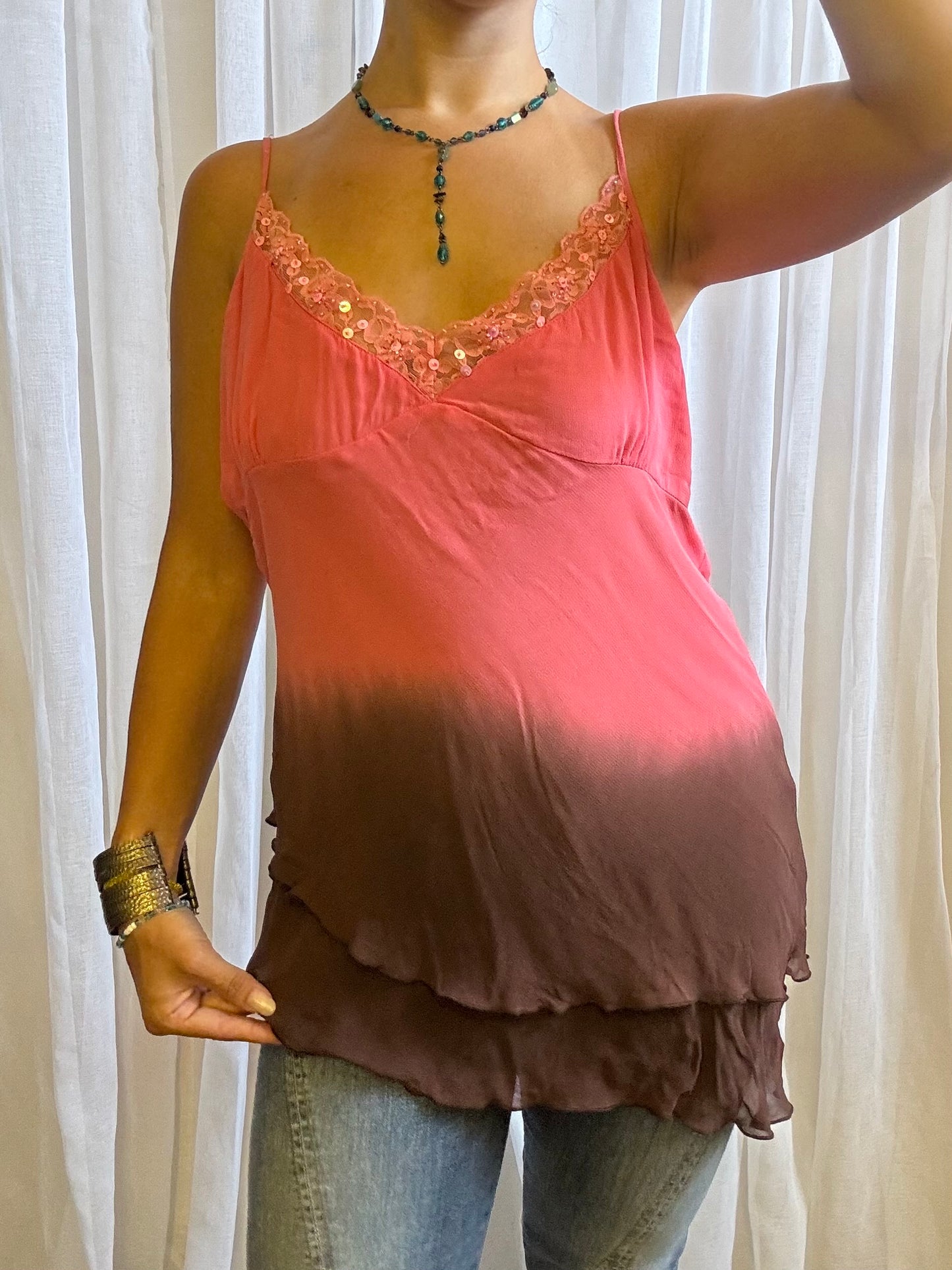 asymmetric hem cami pink brown layered sequin neckline size 14