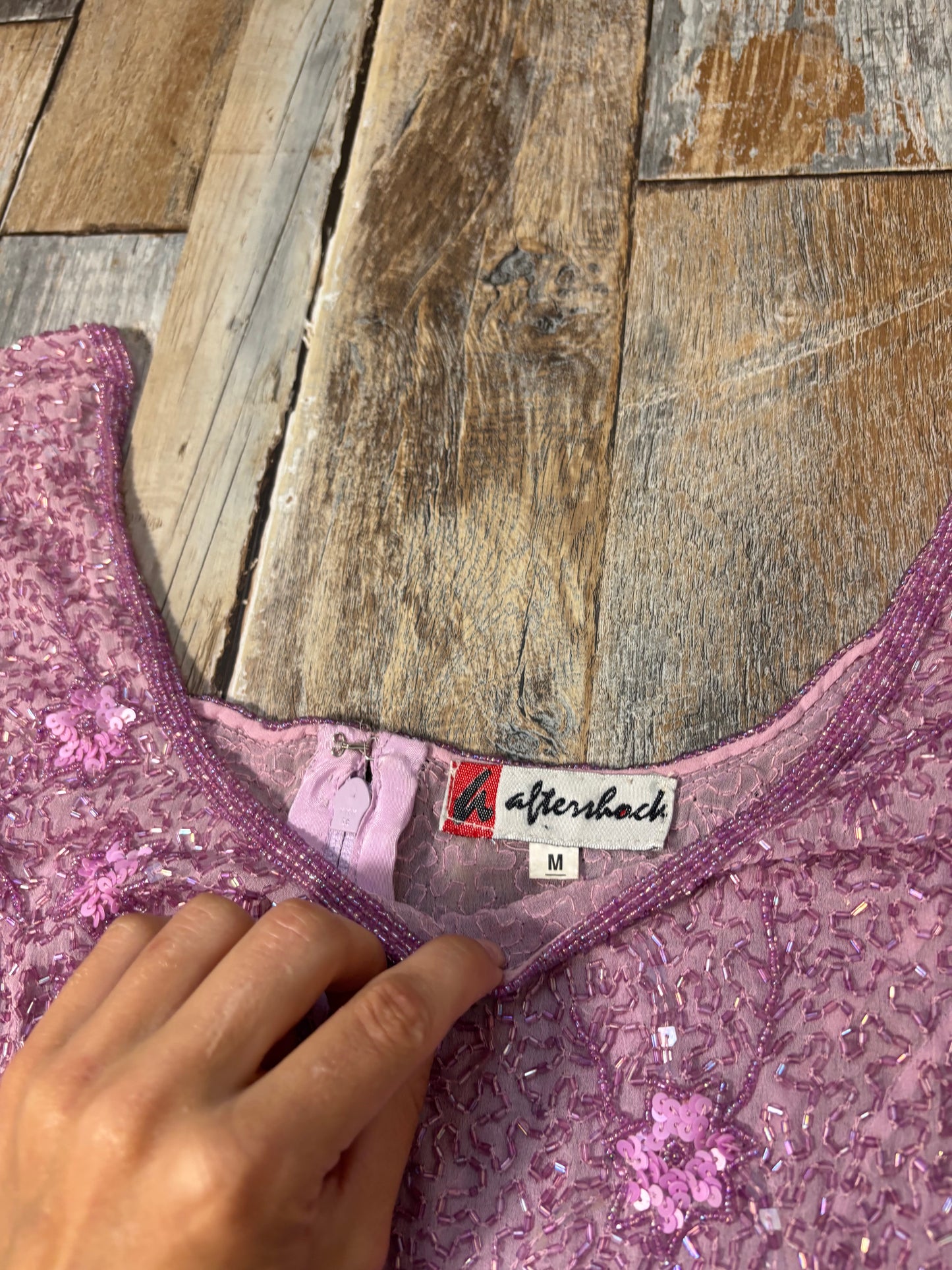 Aftershock silk top pink fully beaded short sleeve size M