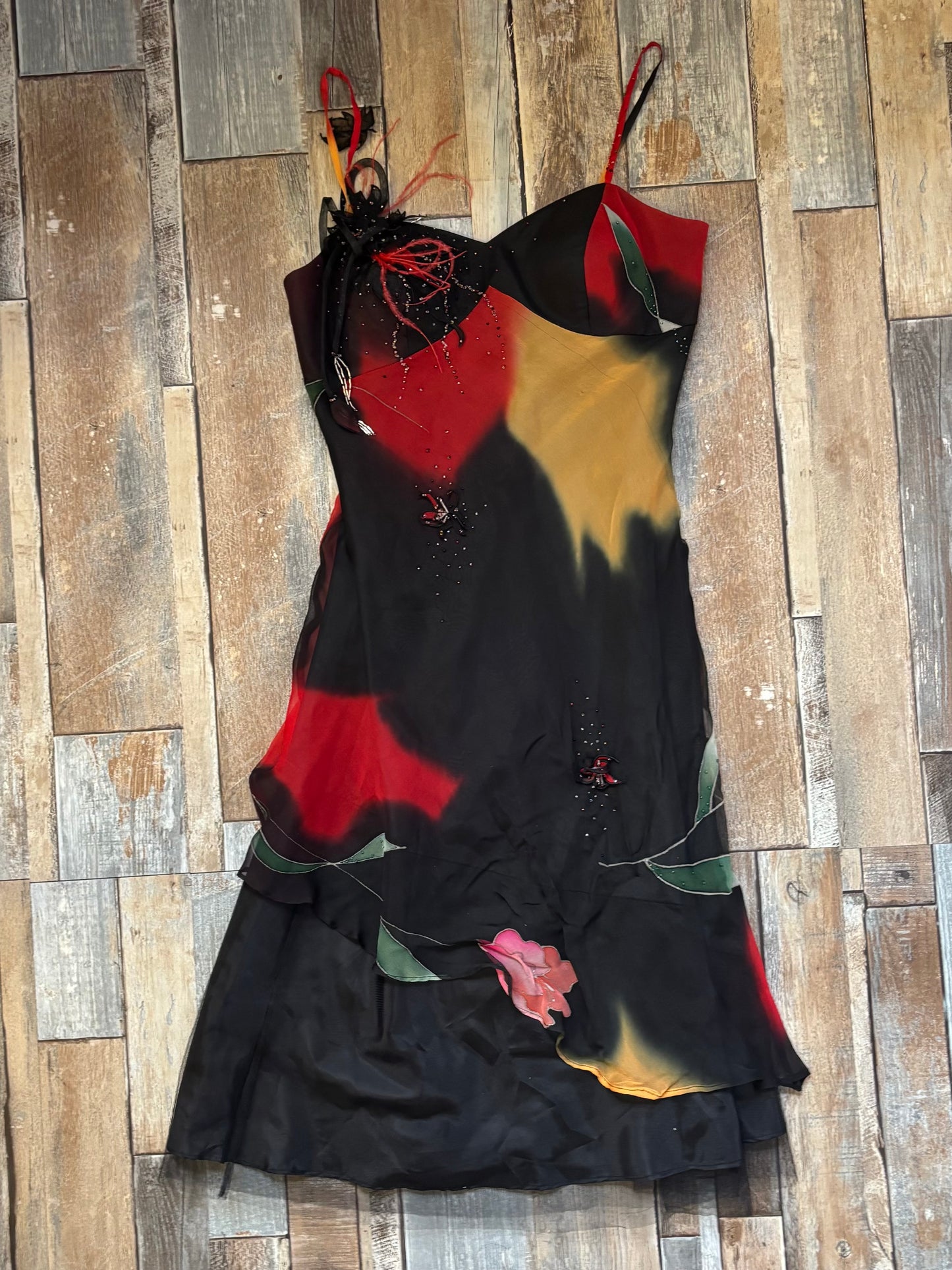 Emma Somerset silk midi dress red black beaded