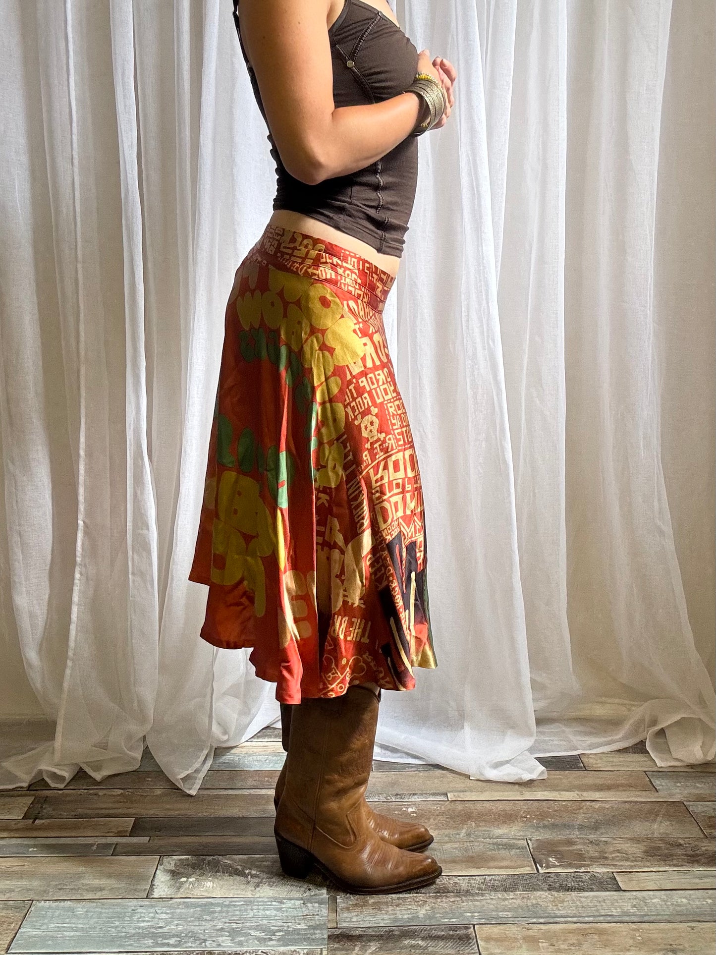 Custo Barcelona silk midi skirt orange graphic print size 10