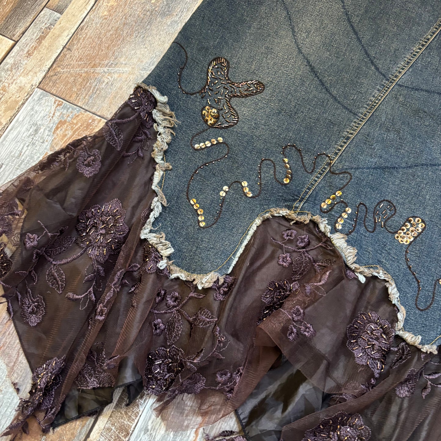 denim maxi skirt brown lace fairy hem size 14