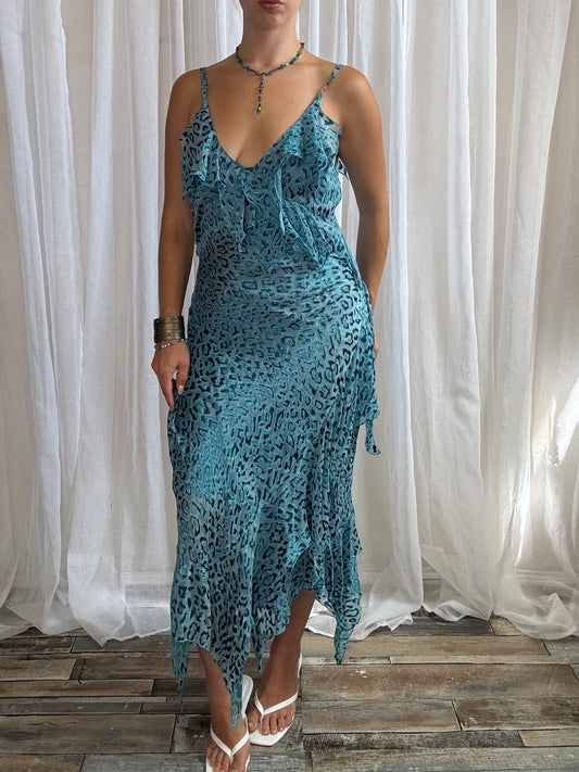 Jeff Gallano silk midi dress blue asymmetric hem ruffle animal print size 12
