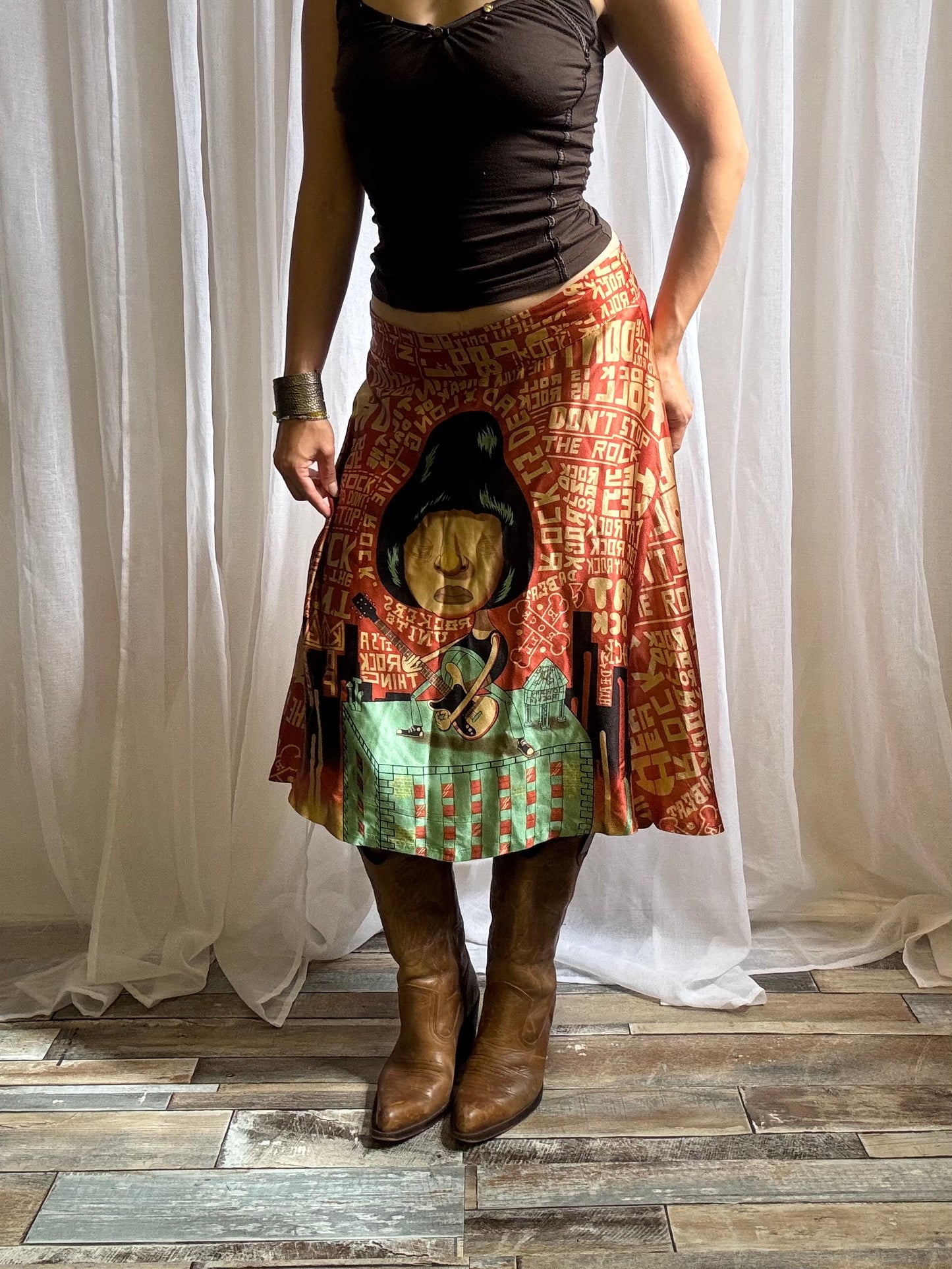 Custo Barcelona silk midi skirt orange graphic print size 10