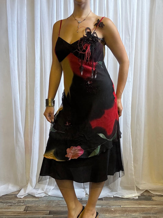 Emma Somerset silk midi dress red black beaded