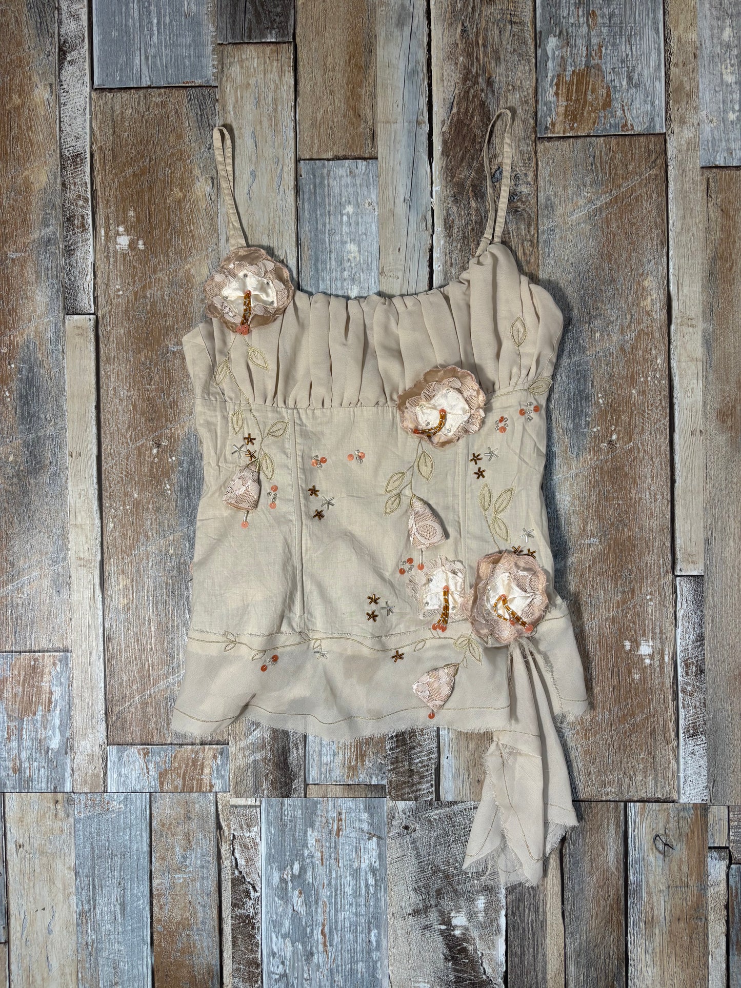 cream corset cami top floral appliqué ruched bust size 10 - 12