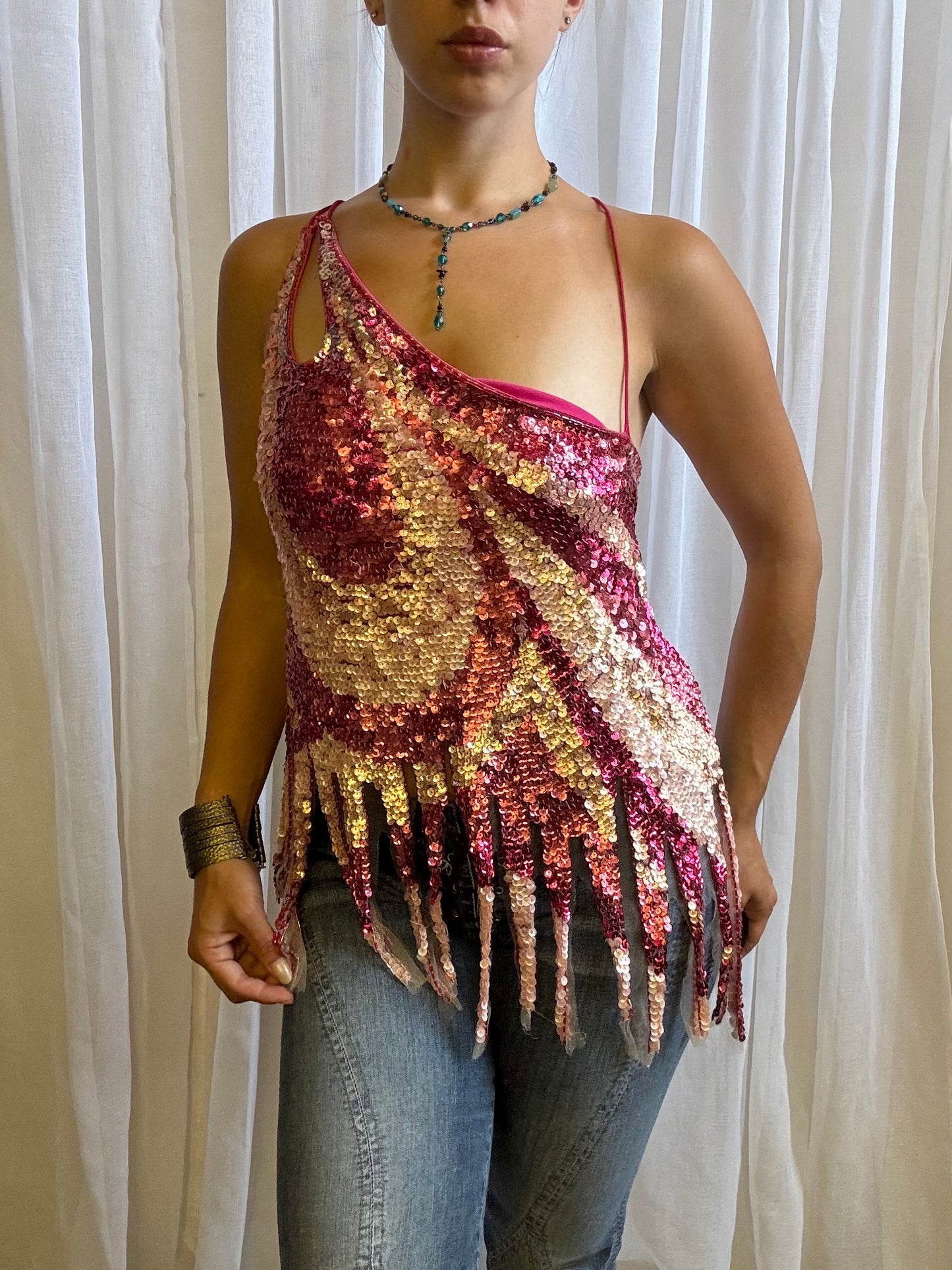 pink sequin covered cami backless asymmetric hem 12-14