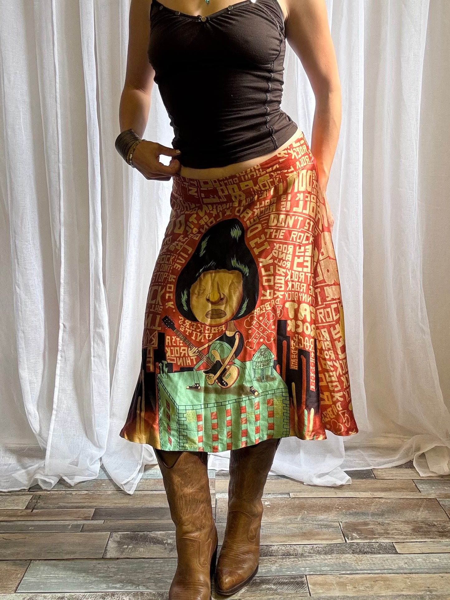 Custo Barcelona silk midi skirt orange graphic print size 10