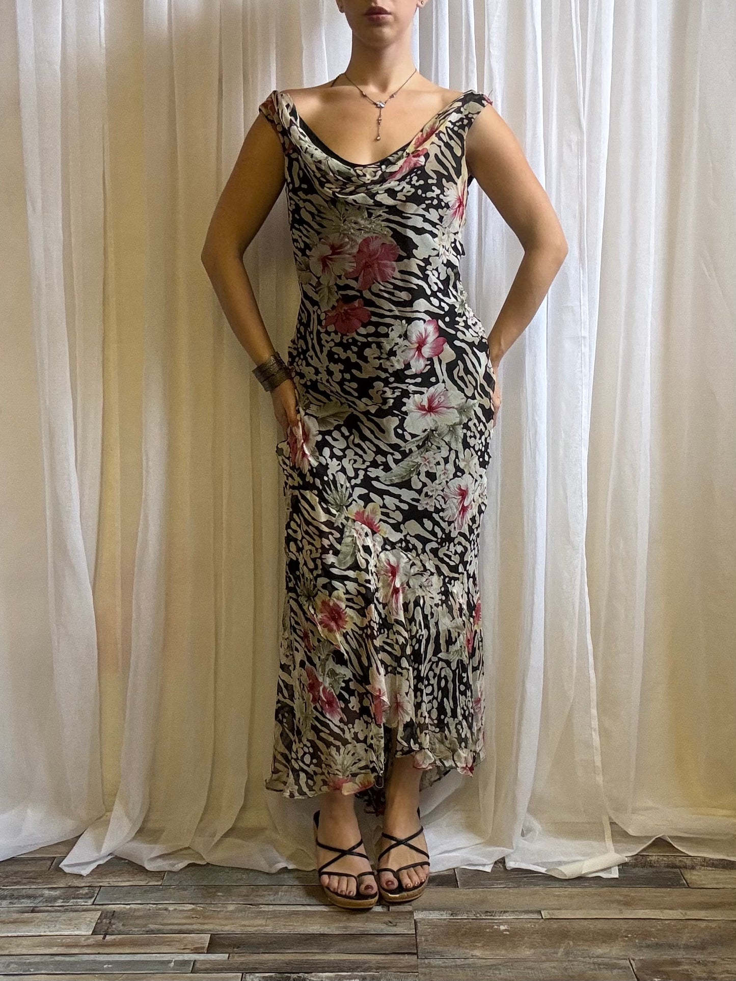 Ice silk cowl neck dress midi black floral