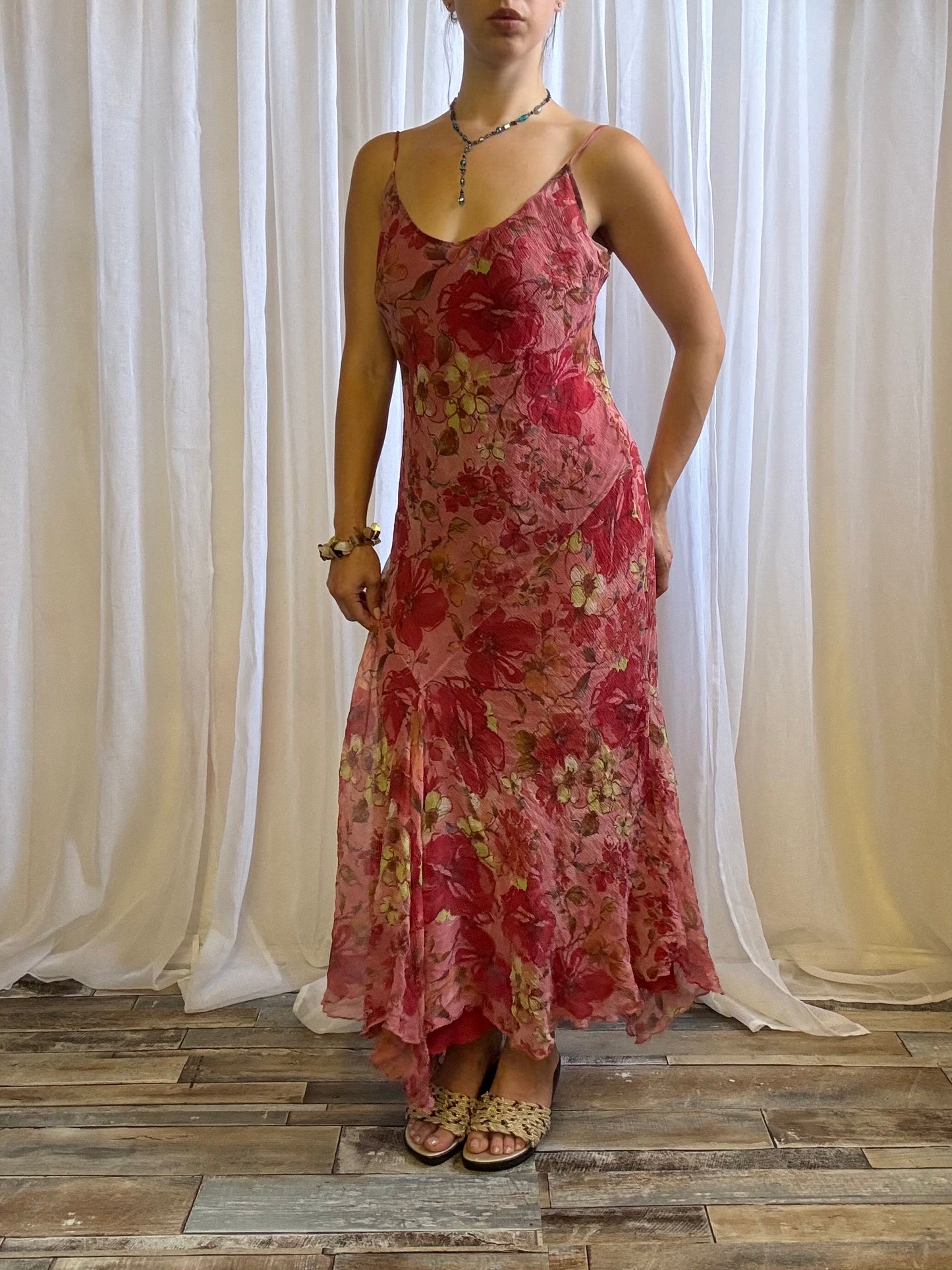 silk dress red pink floral fairy hem size 12 - 14