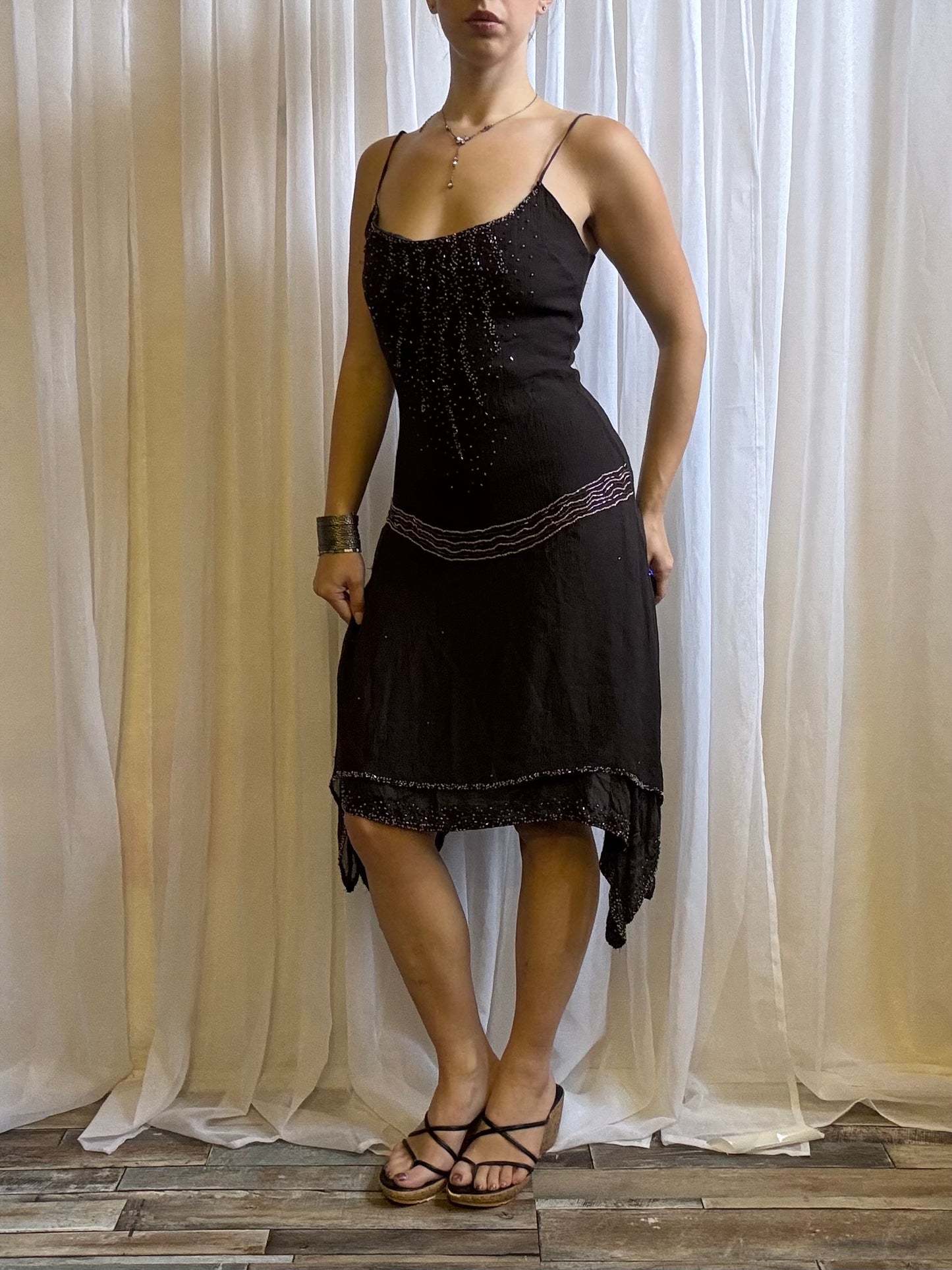 Morgan de Toi silk midi dress brown beaded size 10