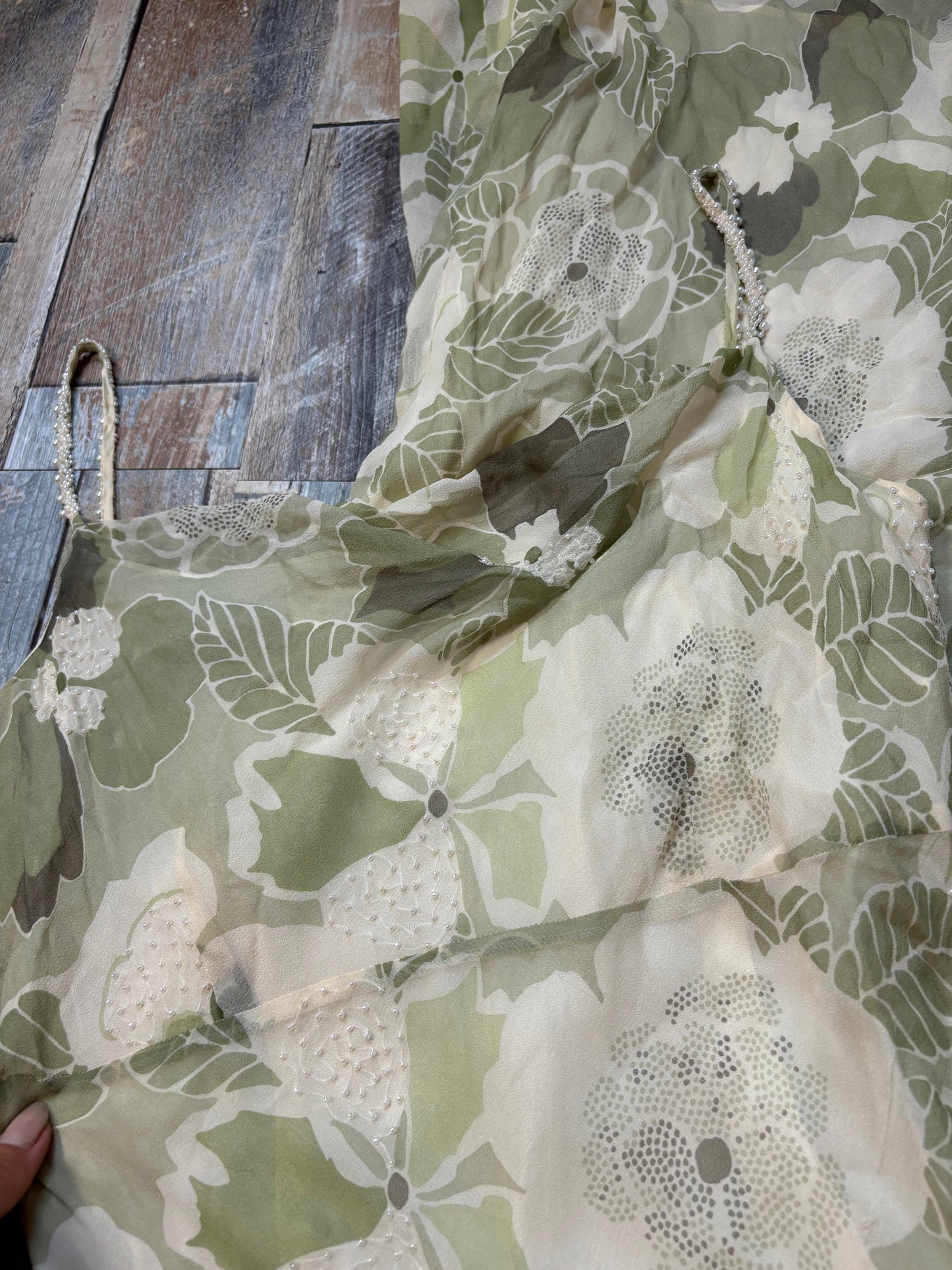 silk midi dress sage green cream floral cowl neckline beaded size 12