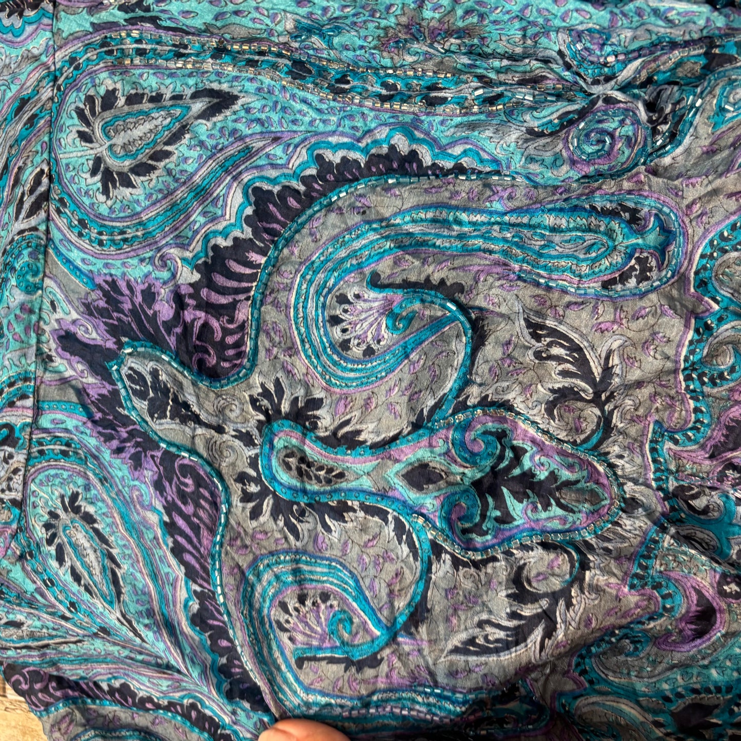 silk midi skirt hanky hem beaded tie side blue paisley size 10