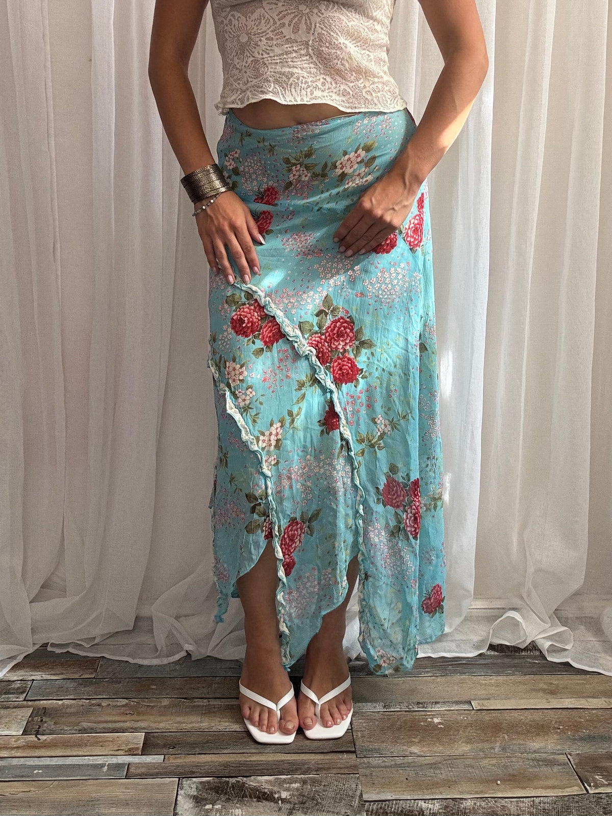 midi skirt blue asymmetrical hem floral ruffle size S