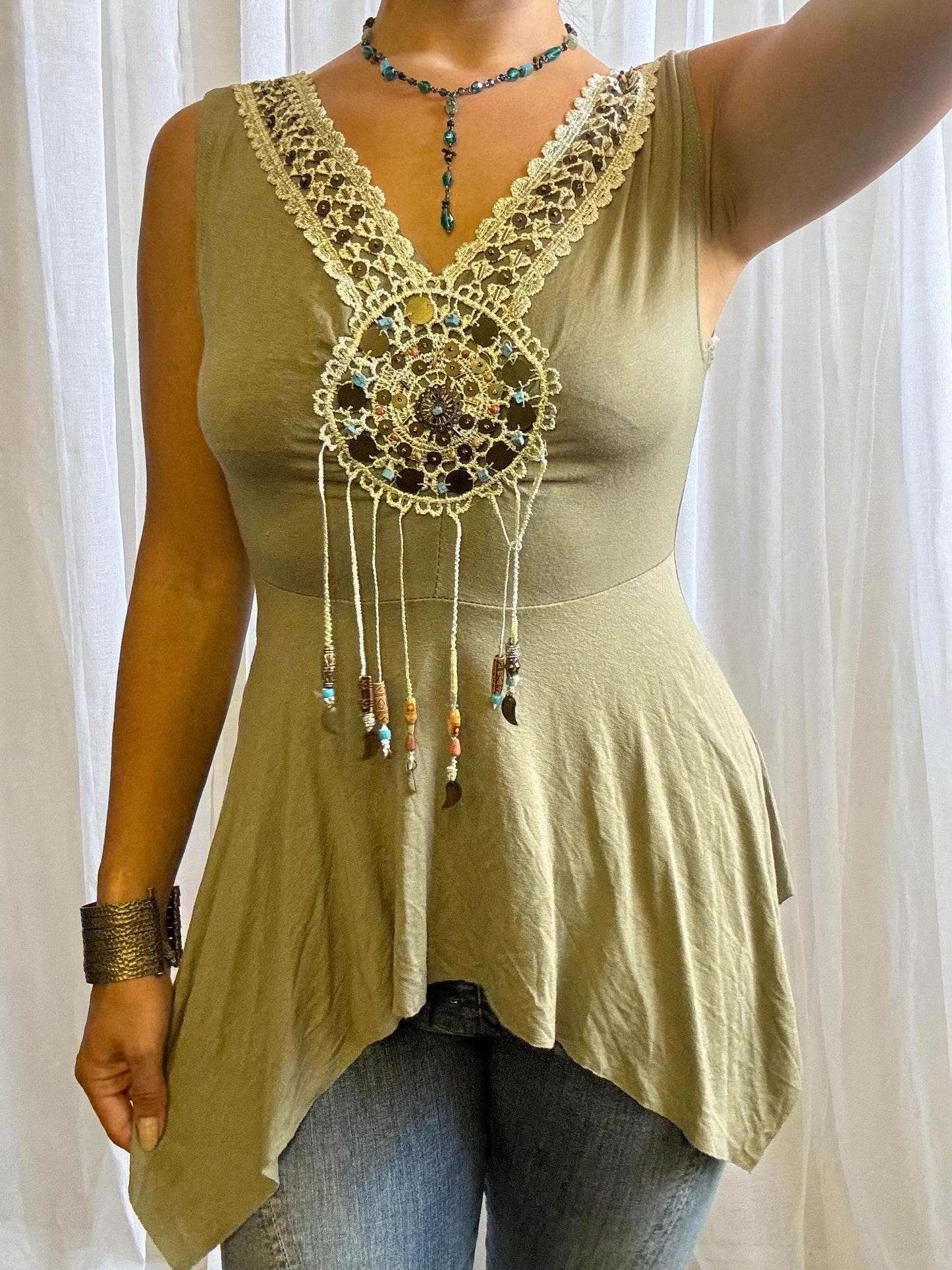 asymmetric hem fairy cami green crochet beaded size 10