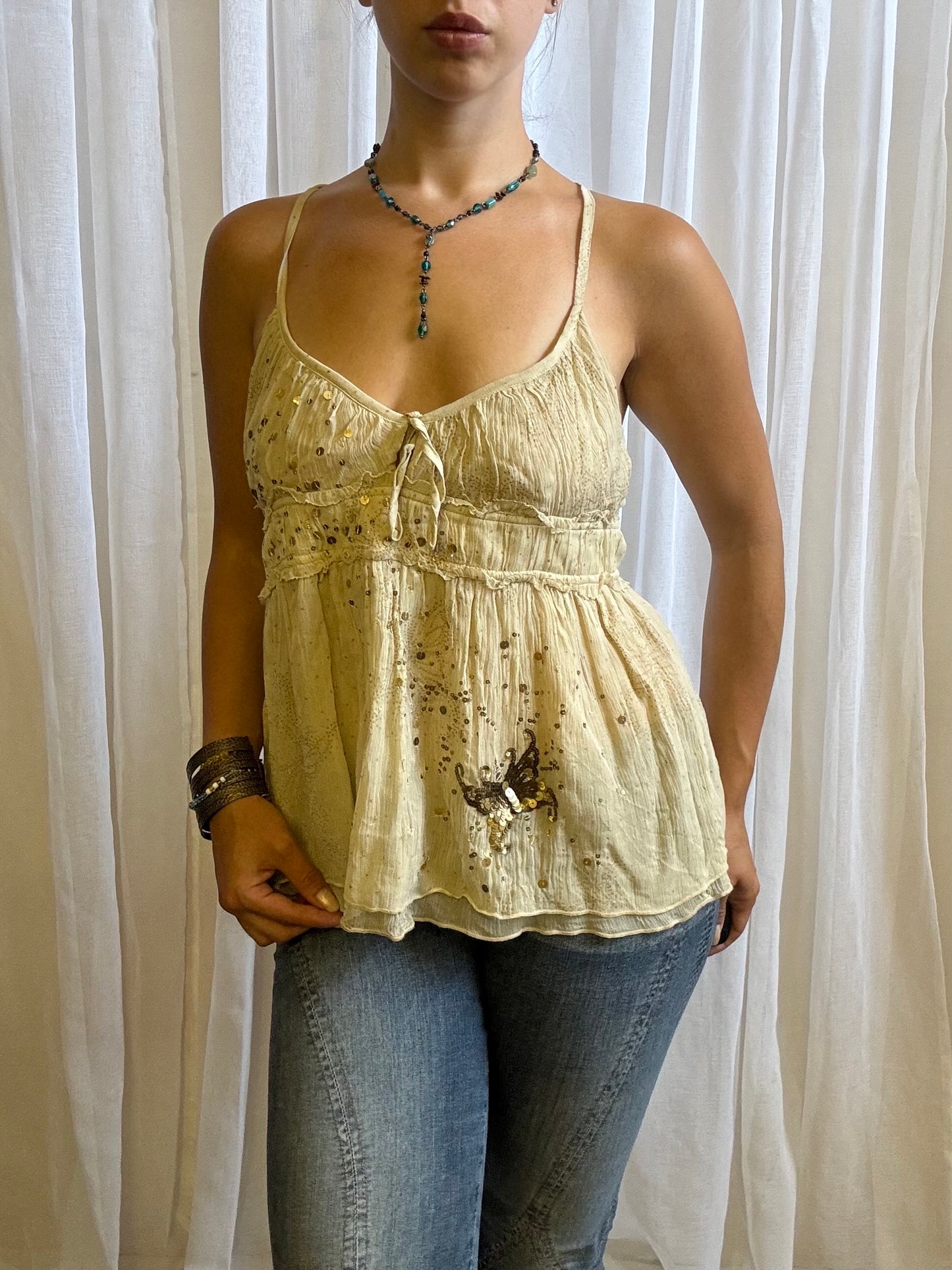 Karen Millen silk cami top cream butterfly beaded 10 - 12