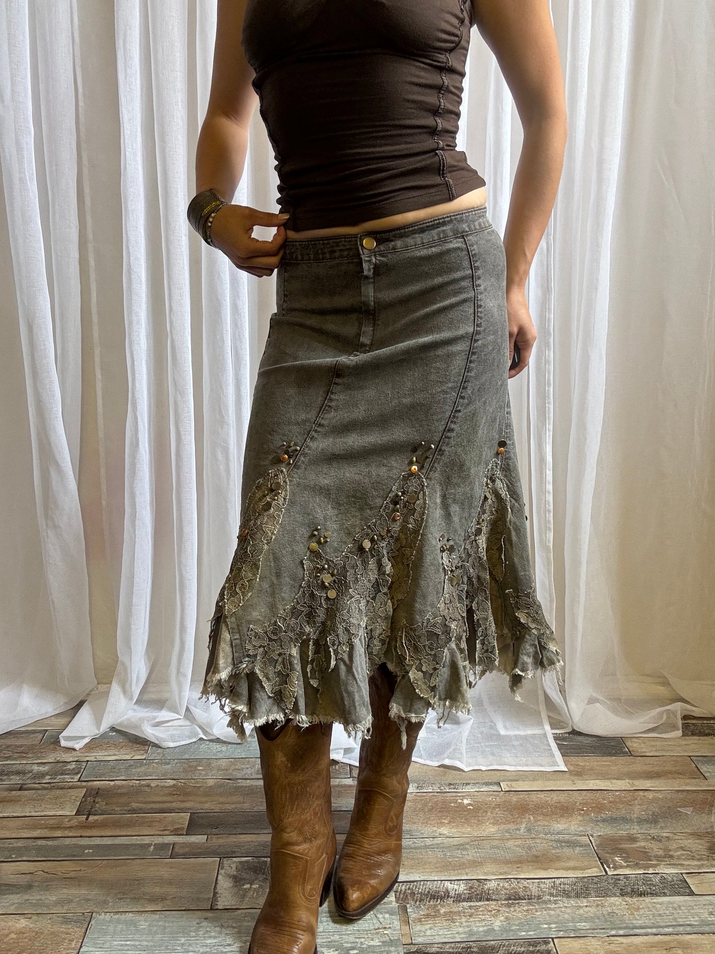 denim midi skirt fairy hem light wash lace size S