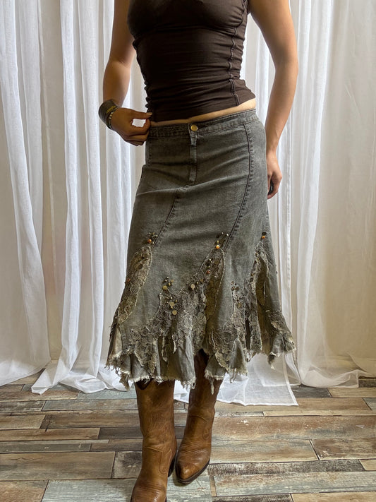 denim midi skirt fairy hem light wash lace size S